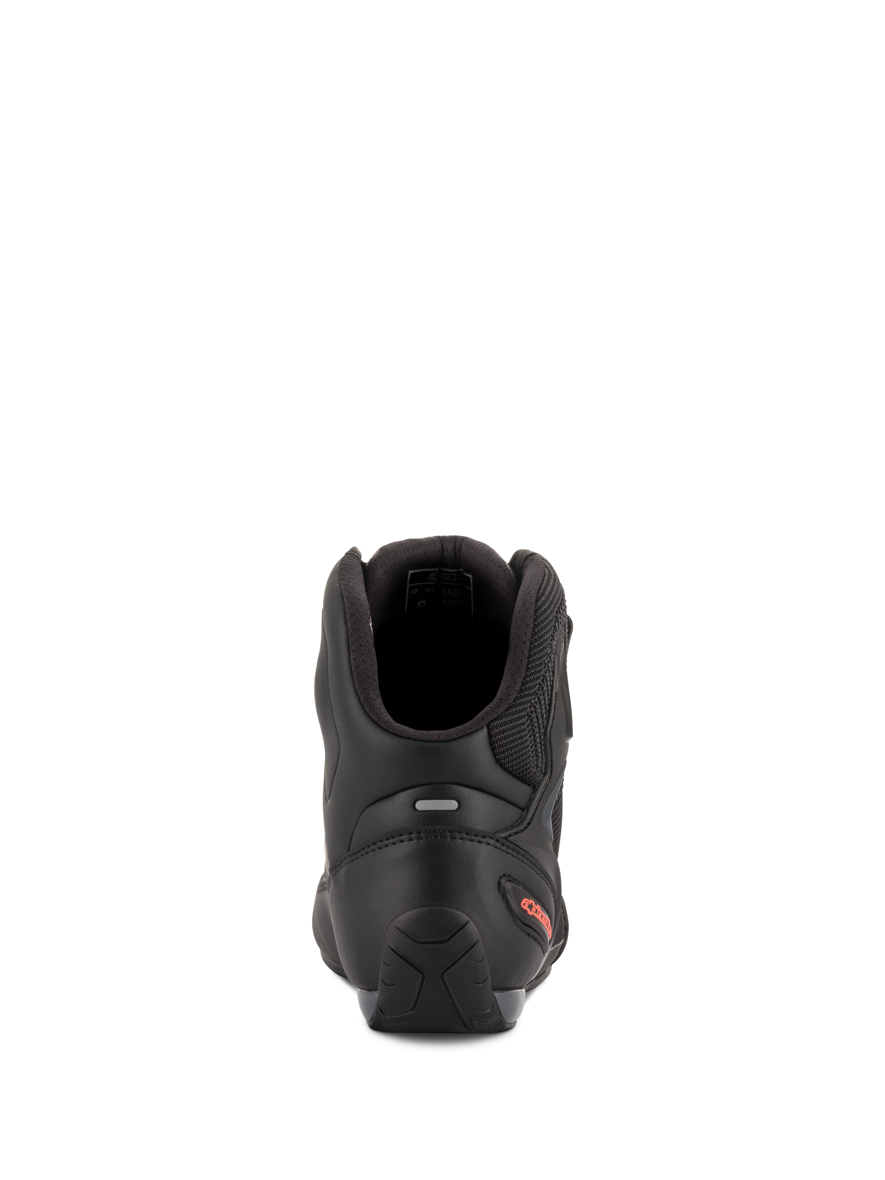Alpinestars Faster-3 Rideknit® Shoes, Motorcycle Riding Shoes, Black and Red Fluo, rear view highlighting the TPR heel counter, padded ankle collar, and red logo detail on the heel.
