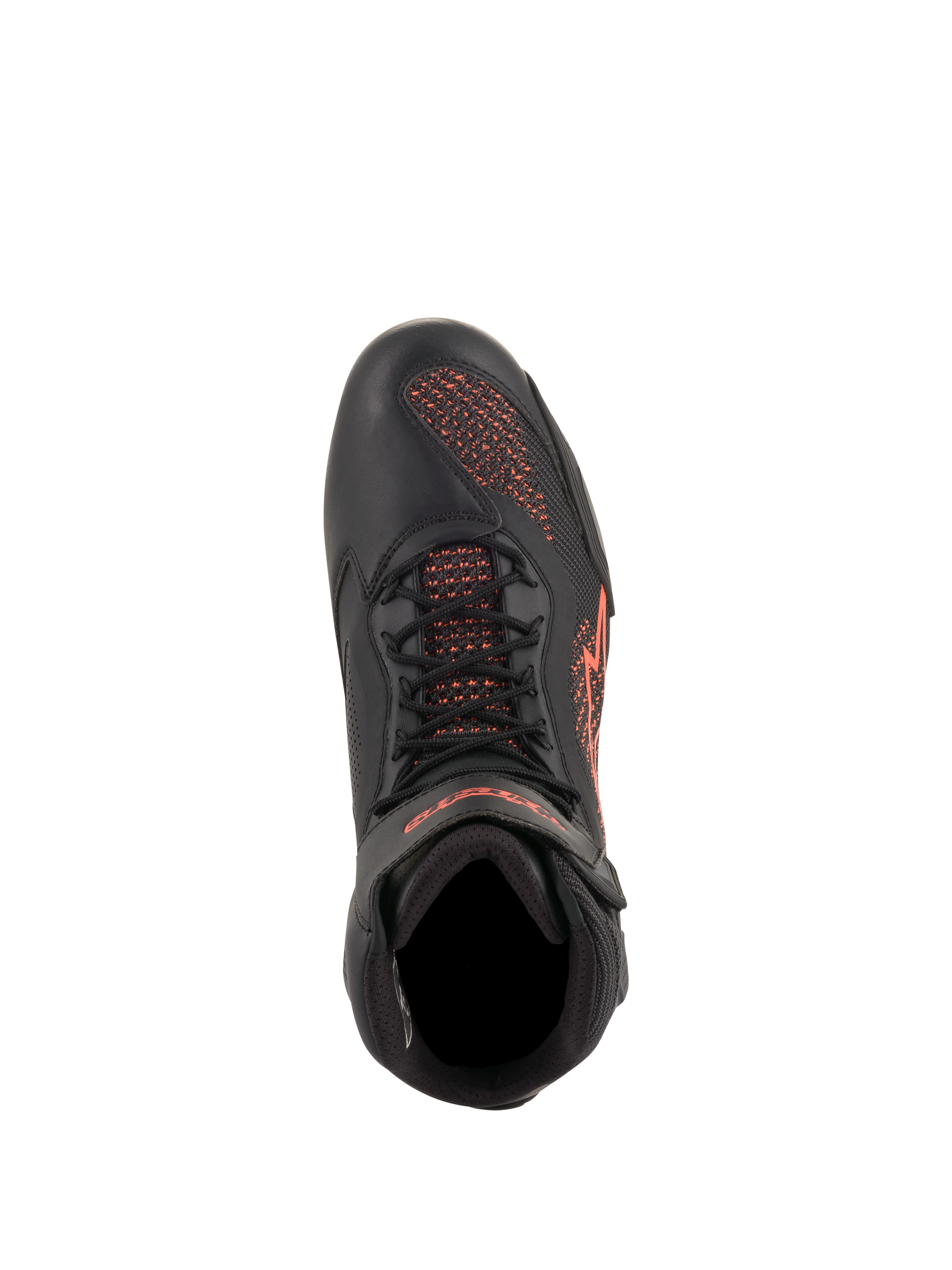 Alpinestars Faster-3 Rideknit® Shoes, Motorcycle Riding Shoes, Black and Red Fluorescent, top-down view, featuring breathable knit panels and microfiber construction with red logo details