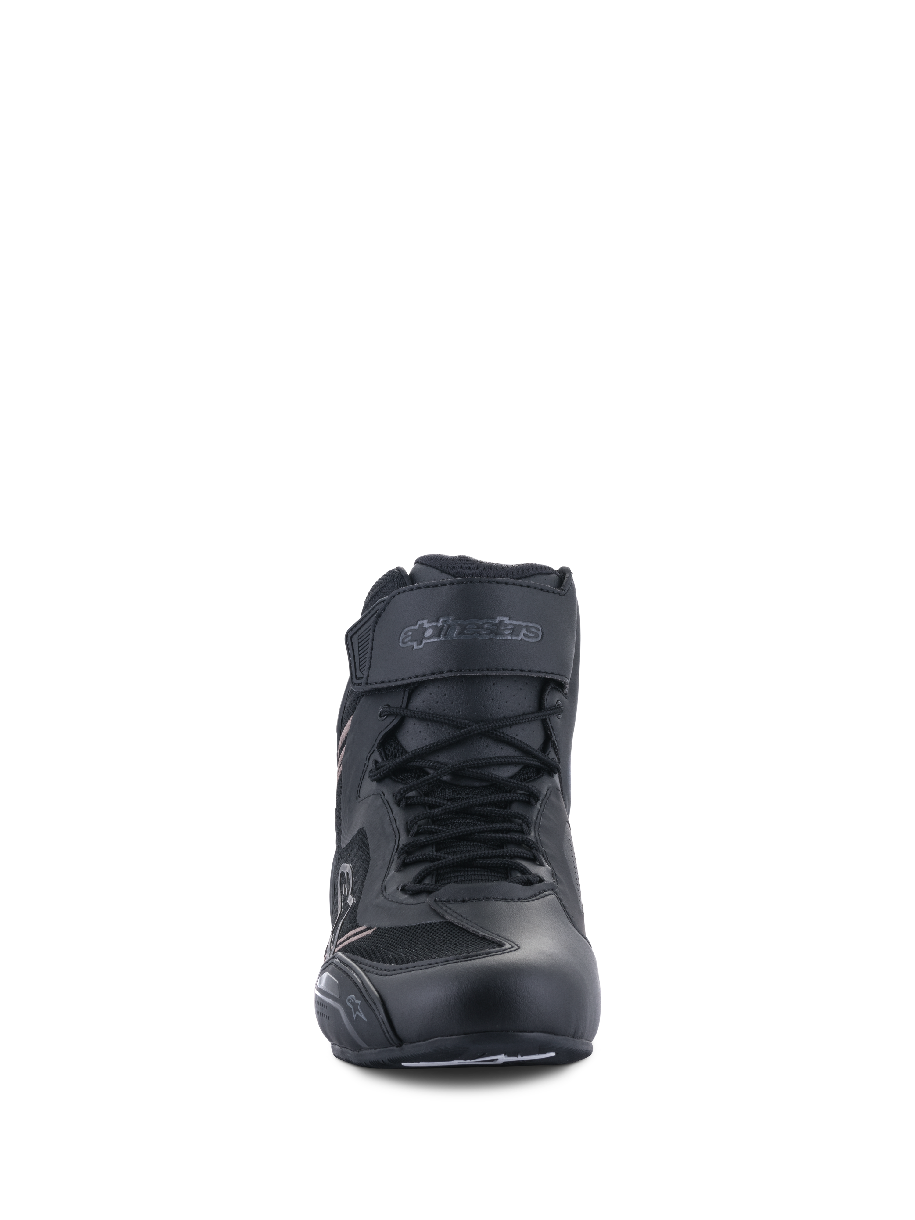 Alpinestars Faster-3 Rideknit® Shoes, Motorcycle Riding Shoes, Black Black, front view showing laces and Velcro ankle strap, lightweight microfiber and mesh construction