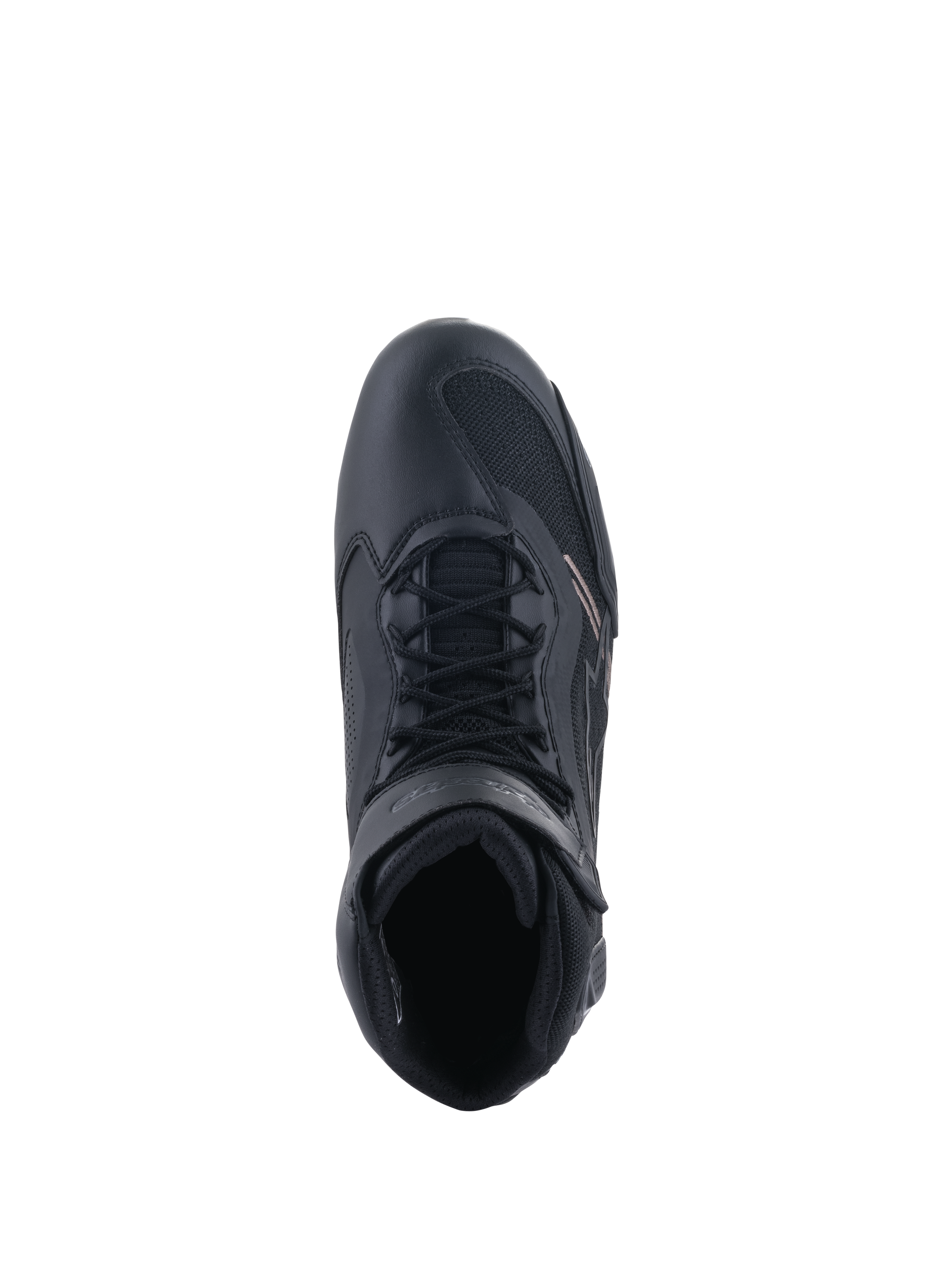 Alpinestars Faster-3 Rideknit® Shoes, Motorcycle Riding Shoes, Black, top-down view showing the lacing system and ankle strap, featuring a blend of breathable mesh and microfiber, sporty design for performance road riding