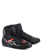 Alpinestars Faster-3 Rideknit® Shoes, Motorcycle Riding Shoes, Black Gray and Bright Red, featuring a microfiber and knitted textile upper, white Alpinestars logo on the side with red and white accents, lace-up closure with hook-and-loop ankle strap, and sleek road-racing design.