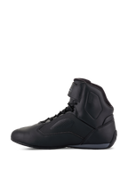 Alpinestars Faster-3 Rideknit® Shoes, Motorcycle Riding Shoes, Black, side profile view, sleek microfiber upper with perforated ventilation panels, lace-up closure with hook and loop ankle strap, sporty road racing-inspired design