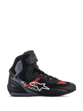 Alpinestars Faster-3 Rideknit Shoes, Motorcycle Riding Sneakers, Black with Gray and Bright Red Accents, High-Top Design with White Star Logo, Breathable Knit Construction, Ankle Strap, Gray Textured Panels, Black and Gray Sole