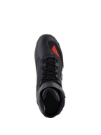 Alpinestars Faster-3 Rideknit® Shoes, Black Gray Bright Red, top-down view, featuring black microfiber chassis with a red knit accent on the toe, black laces, and padded collar, technical motorcycle riding footwear