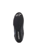 Alpinestars Faster-3 Rideknit® Shoes, sole view, black rubber outsole with wavy traction pattern, featuring white Alpinestars text and star logo, showing grip details for motorcycle riding