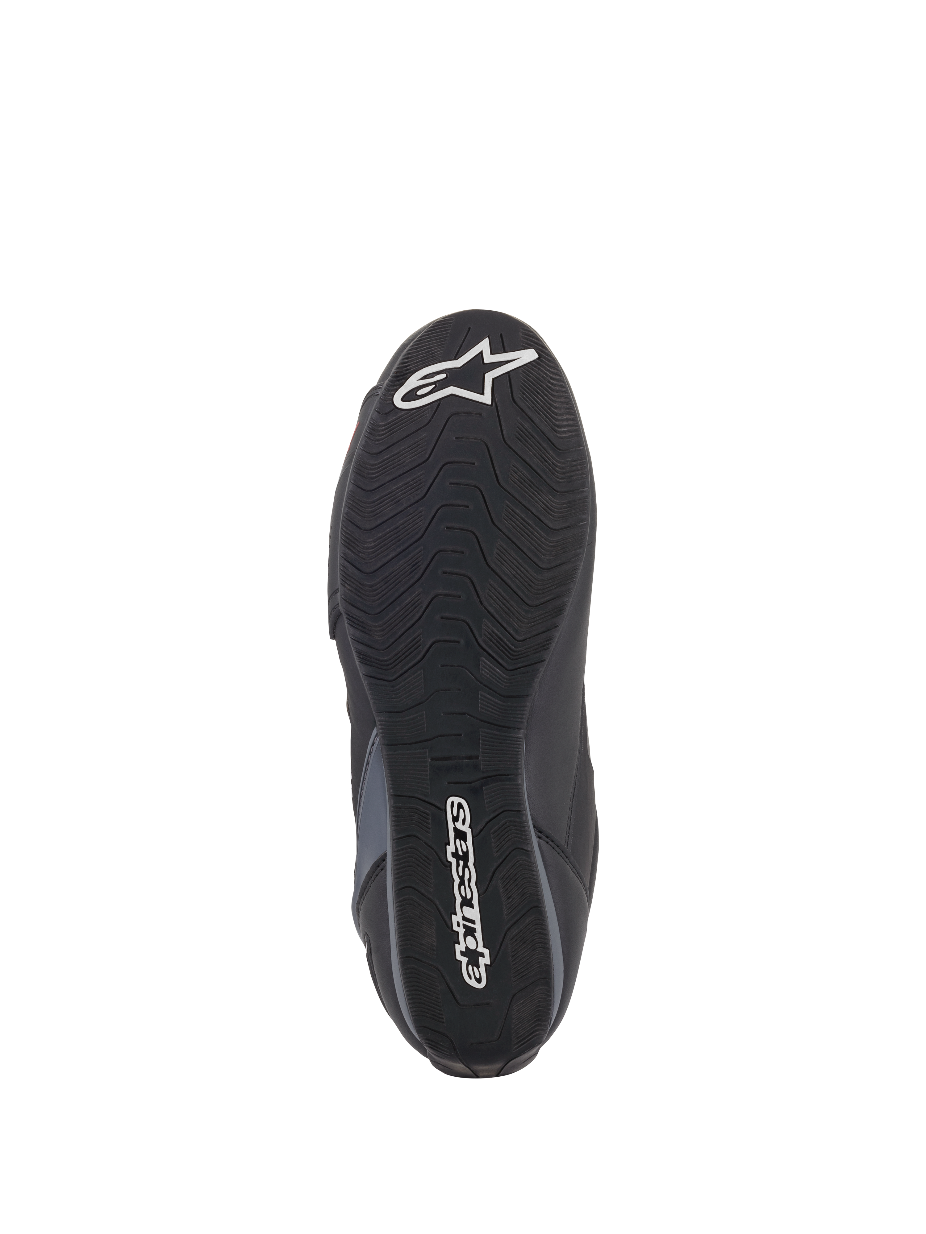 Alpinestars Faster-3 Rideknit® Shoes, sole view, black rubber outsole with wavy traction pattern, featuring white Alpinestars text and star logo, showing grip details for motorcycle riding