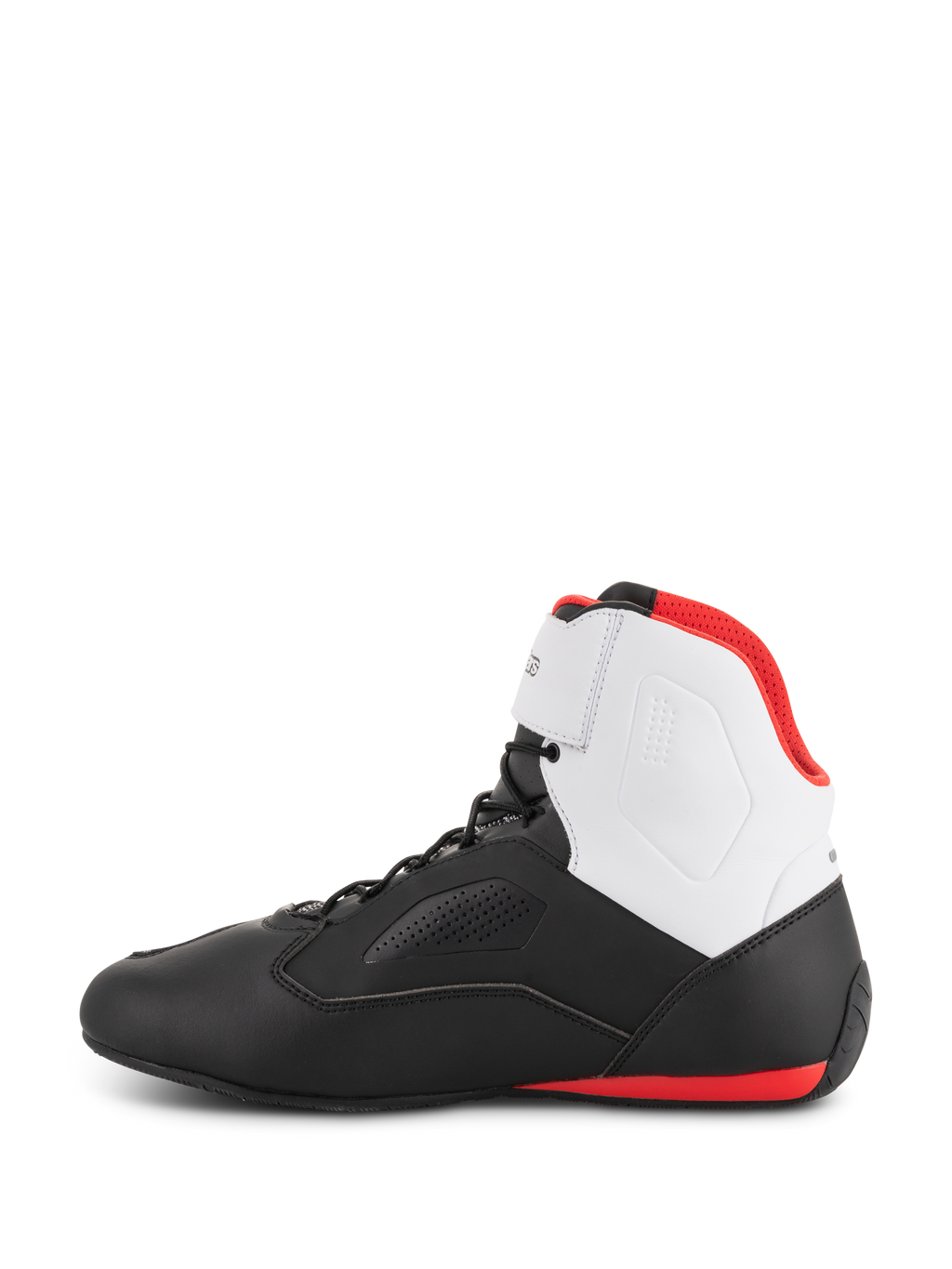Alpinestars Faster-3 Rideknit® Shoes, motorcycle riding shoes, Black White and Red, side profile featuring black lower chassis, white ankle panel, red interior lining, and red sole accent at the heel, sleek road racing design