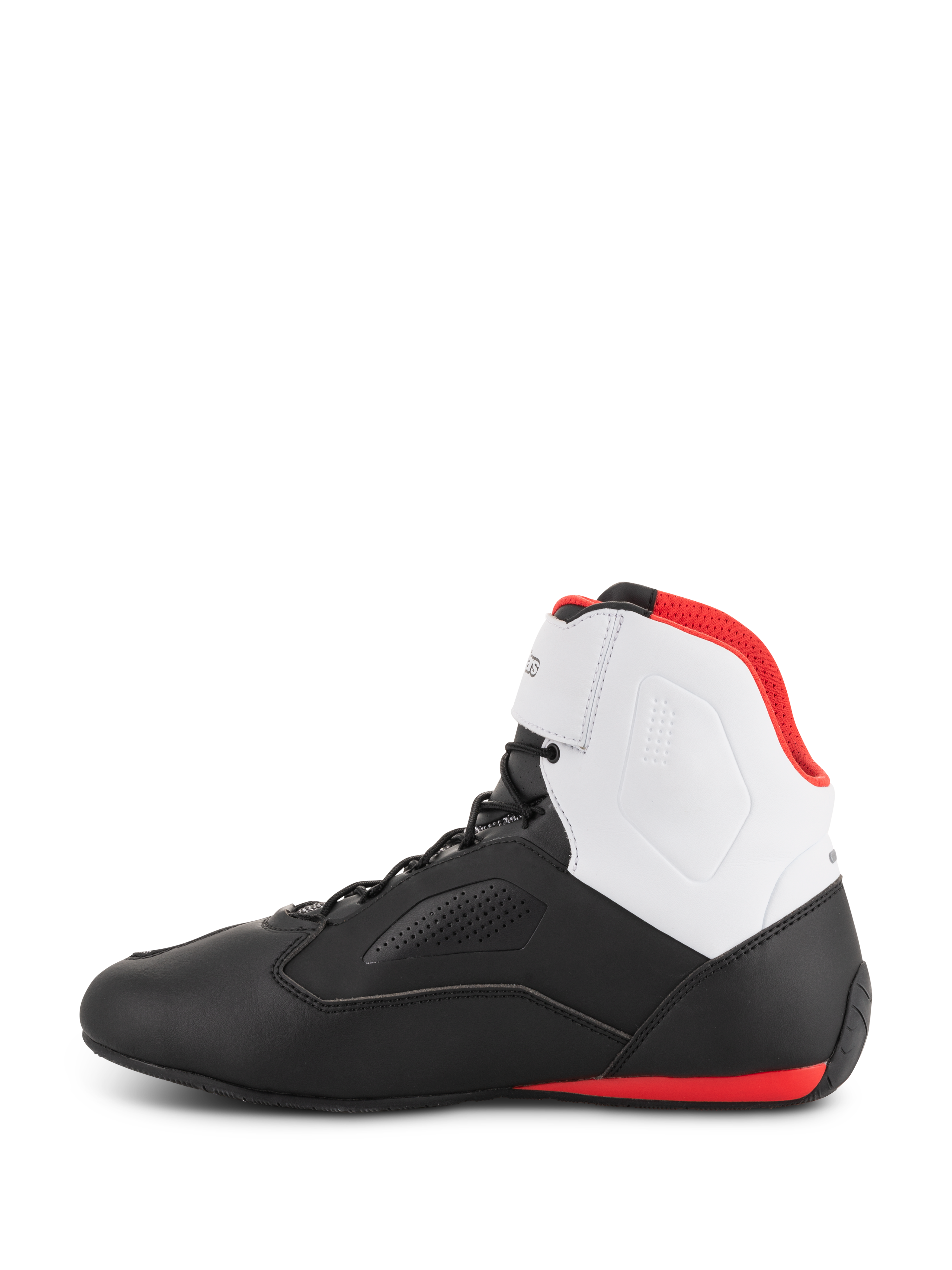 Alpinestars Faster-3 Rideknit® Shoes, motorcycle riding shoes, Black White and Red, side profile featuring black lower chassis, white ankle panel, red interior lining, and red sole accent at the heel, sleek road racing design