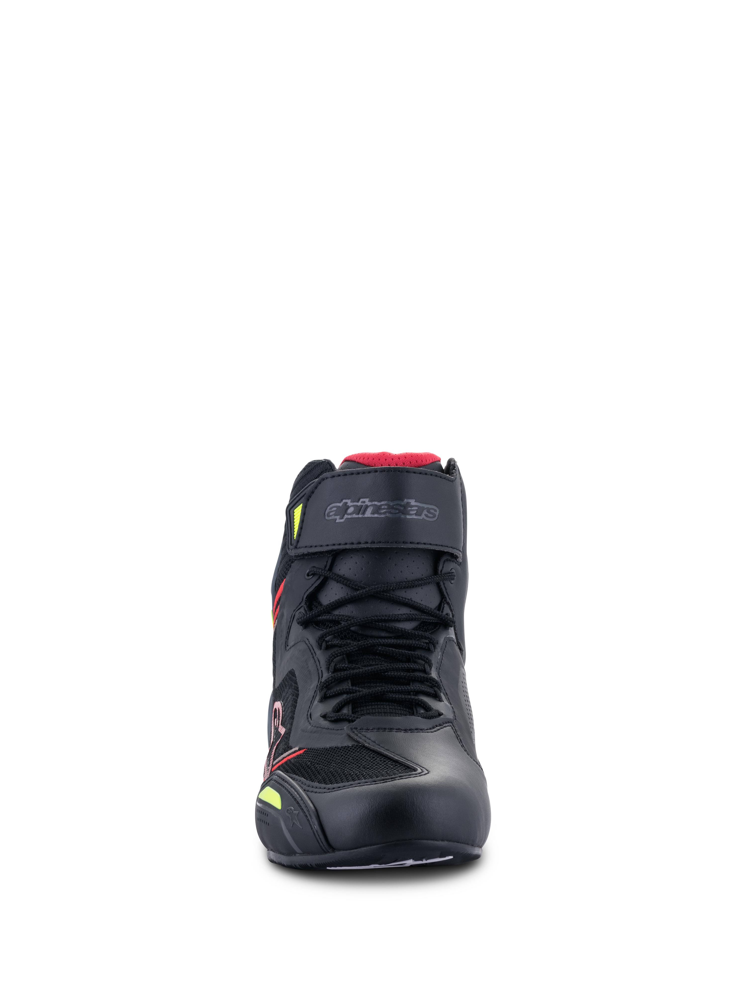 Alpinestars Faster-3 Rideknit® Shoes, Motorcycle Riding Shoes, Black with Red and Yellow Fluo accents, front view featuring laces, a velcro ankle strap, and breathable knit panels with red lining