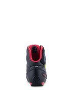 Alpinestars Faster-3 Rideknit® Shoes, Rear View, Black with Red interior lining and Yellow Fluo accents, features a TPR heel counter and reflective strip, performance motorcycle riding shoes