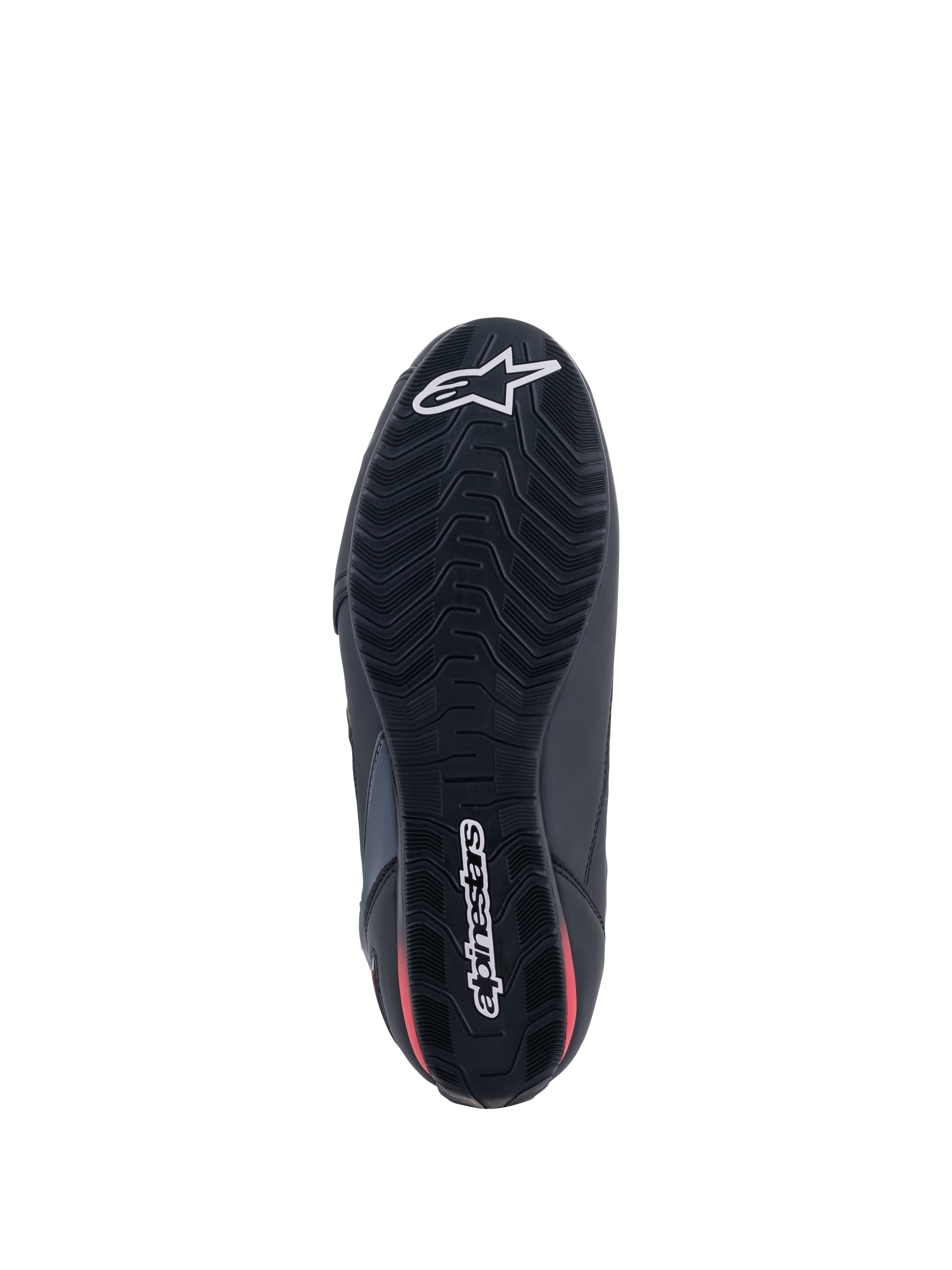 Alpinestars Faster-3 Rideknit® Shoes, Bottom View, Black sole with red accents, featuring textured tread pattern for grip, white Alpinestars star logo on the toe and wordmark on the heel, lightweight motorcycle riding footwear