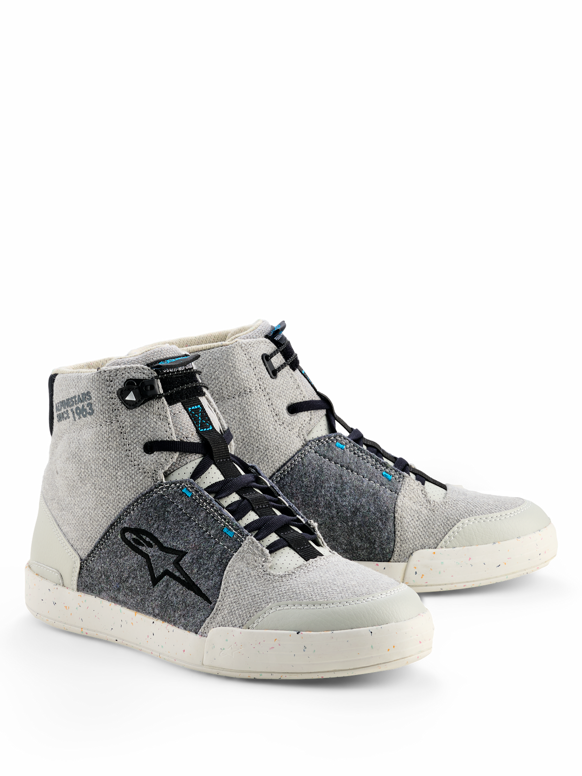 Alpinestars Circal Riding Shoes, Urban Motorcycle Footwear, Gray Black and Methyl Blue, high-top sneaker style with light gray canvas and dark gray recycled felt panels, black star logo, and a speckled rubber sole.