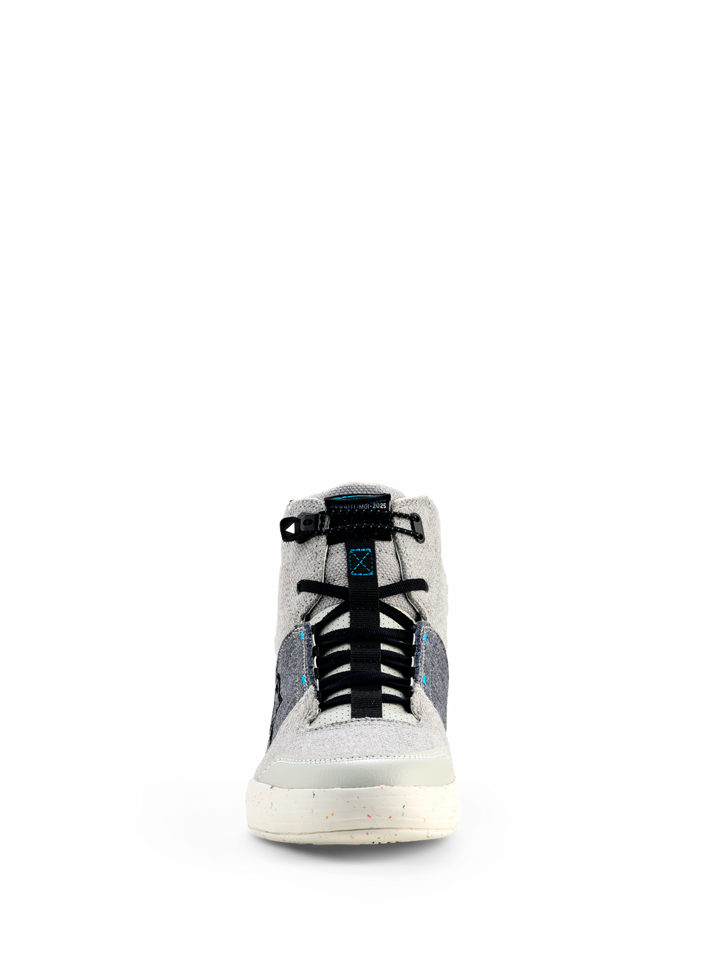 Alpinestars Circal Riding Shoes, Gray Black and Methyl Blue, front view of urban motorcycle footwear featuring a high-top design with canvas panels, black elasticated laces, and a speckled off-white sole