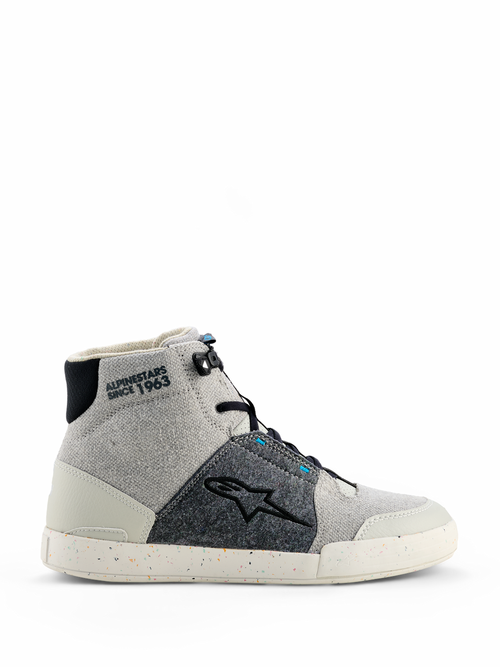 Alpinestars Circal Riding Shoes, high-top motorcycle sneaker in Gray Black Methyl Blue, light gray canvas and dark gray textured fabric panels, white rubber sole with colorful recycled specks, black Alpinestars star logo, "ALPINESTARS SINCE 1963" ankle branding, modern urban riding style