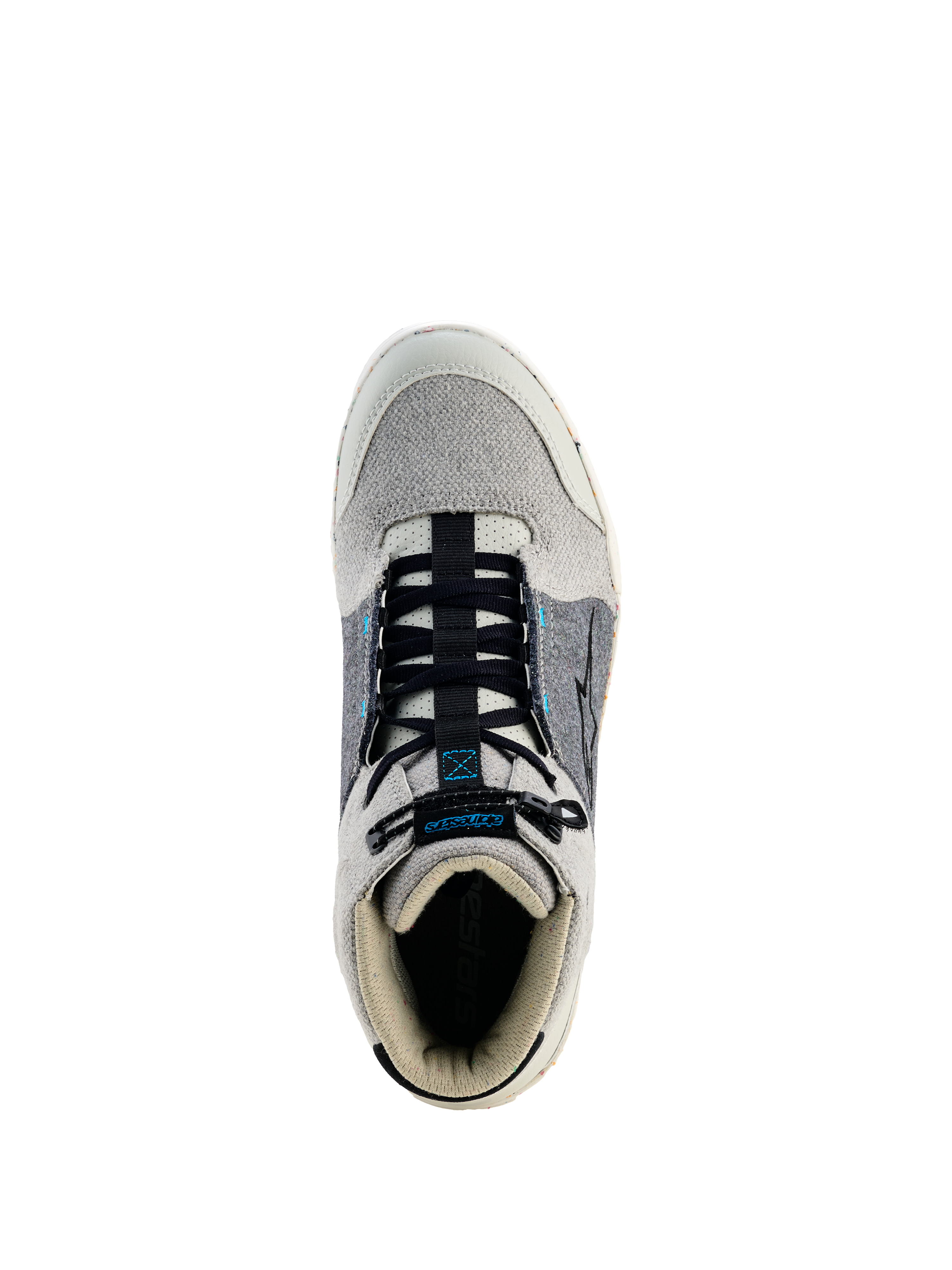 Alpinestars Circal Riding Shoes, Urban Motorcycle Shoes, Gray Black and Methyl Blue, top-down view showing black elasticated laces, light gray canvas toe box and collar, dark gray side panels with blue accents, protective and sustainable urban riding footwear