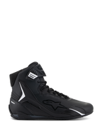 Alpinestars Faster-4 Shoes, Black High-Top Motorcycle Riding Shoe, Side Profile, Black with White Accents, Lace-Up with Hook-and-Loop Strap, Sporty Design with Padded Collar and TPU Protection