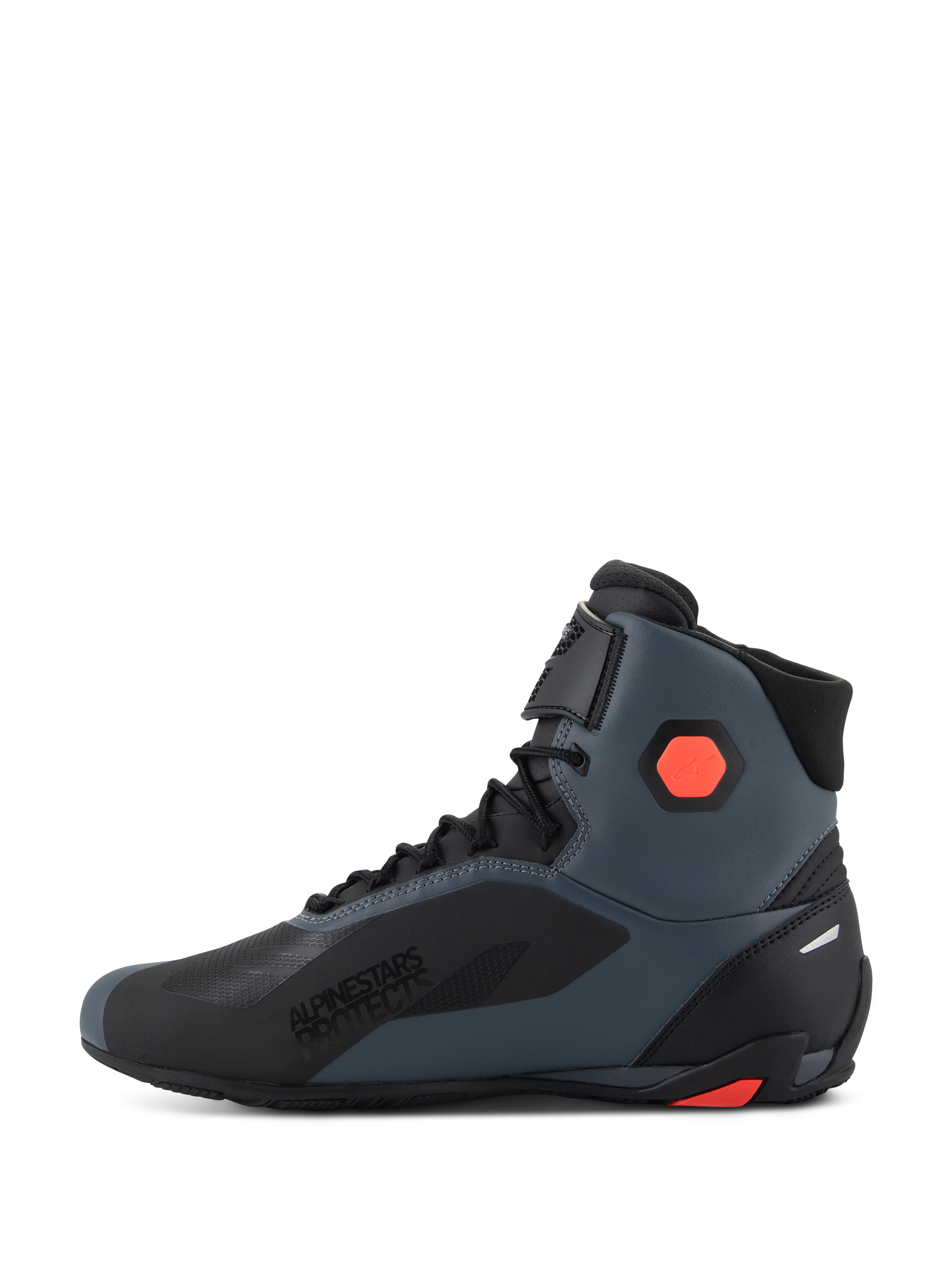 Alpinestars Faster-4 Shoes, Motorcycle Riding Shoes, Black Gray and Red Fluo, side view showcasing "Alpinestars Protects" branding, technical microfiber construction with laces and hook-and-loop strap, protective ankle and heel details for road riding