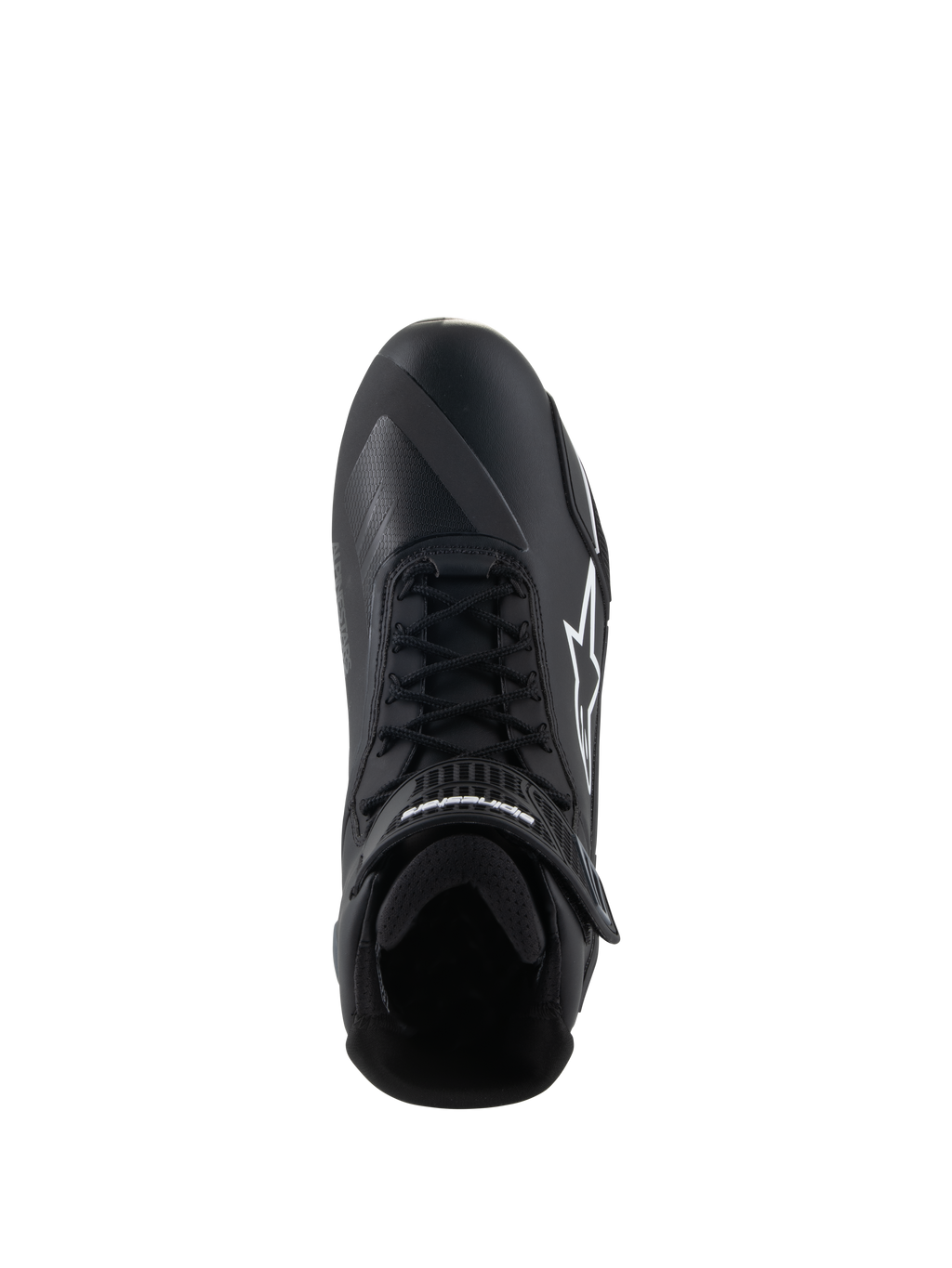 Alpinestars Faster-4 Shoes, Motorcycle Riding Shoes, Black and White, top-down view showing lace-up closure, hook-and-loop ankle strap, and white Alpinestars logo on the side