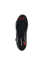 Alpinestars Faster-4 Shoes, Motorcycle Riding Shoes, Bottom Sole View, Black rubber with textured grip pattern, featuring red Alpinestars logo and white branding, designed for road and sport riding
