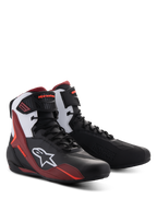 Alpinestars Faster-4 Shoes, Motorcycle Riding Shoes, Black White and Dark Red, featuring lace-up closure with an ankle strap, white Alpinestars logo on the side, sporty design with reinforced protection for road riding