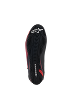 Alpinestars Faster-4 Shoes, Motorcycle Riding Shoes, Black White and Dark Red, bottom view of the textured rubber sole, featuring white star logo and Alpinestars wordmark, durable grip pattern for performance road riding