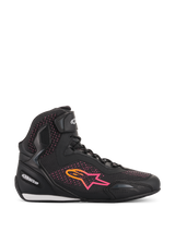 Alpinestars Women Stella Faster-3 Rideknit® Shoes, Motorcycle Riding Shoes, Black Yellow and Pink, side-view profile featuring a breathable knitted upper, vibrant gradient star logo, and hook-and-loop ankle strap.