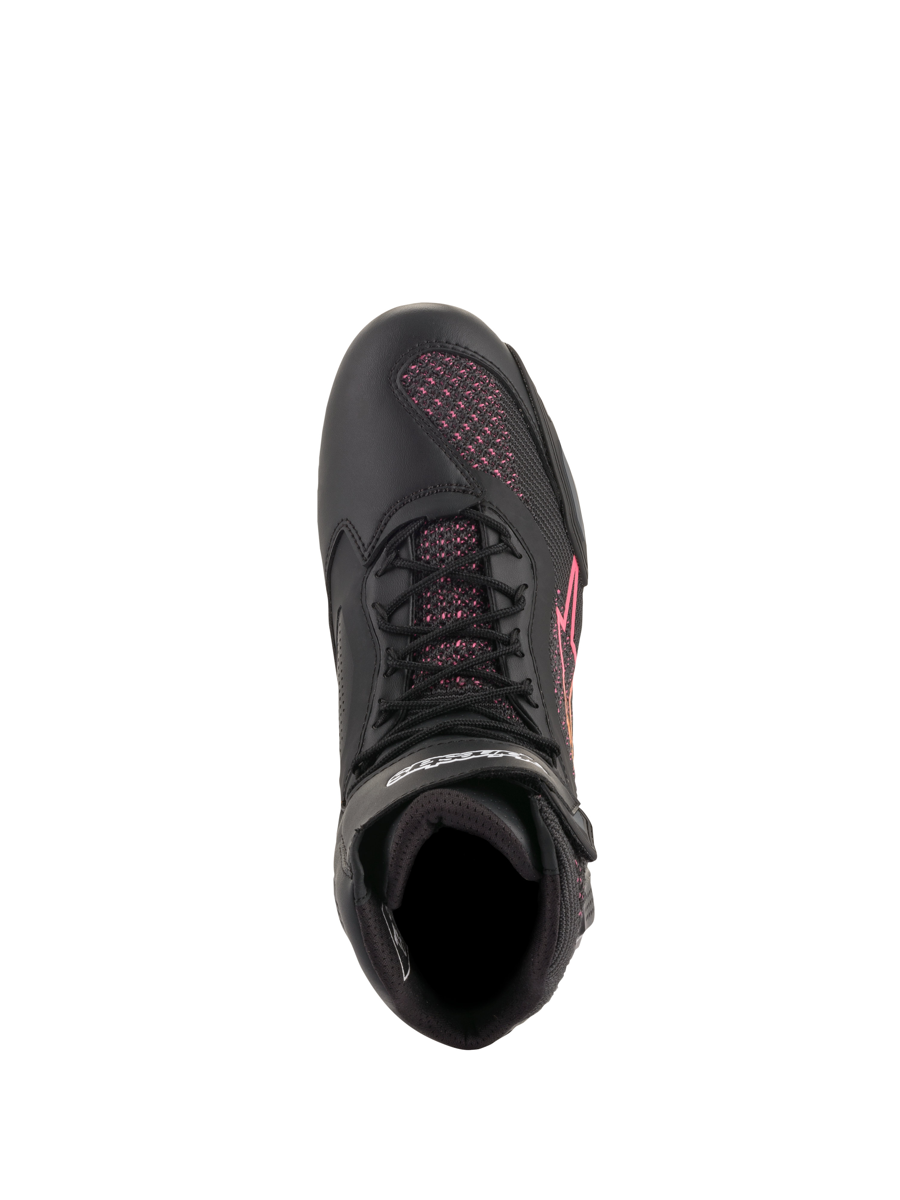 Alpinestars Women Stella Faster-3 Rideknit® Shoes, Motorcycle Riding Shoes, Black Yellow Pink, top-down view highlighting black laces and pink knitted mesh panels, lightweight and breathable sport footwear