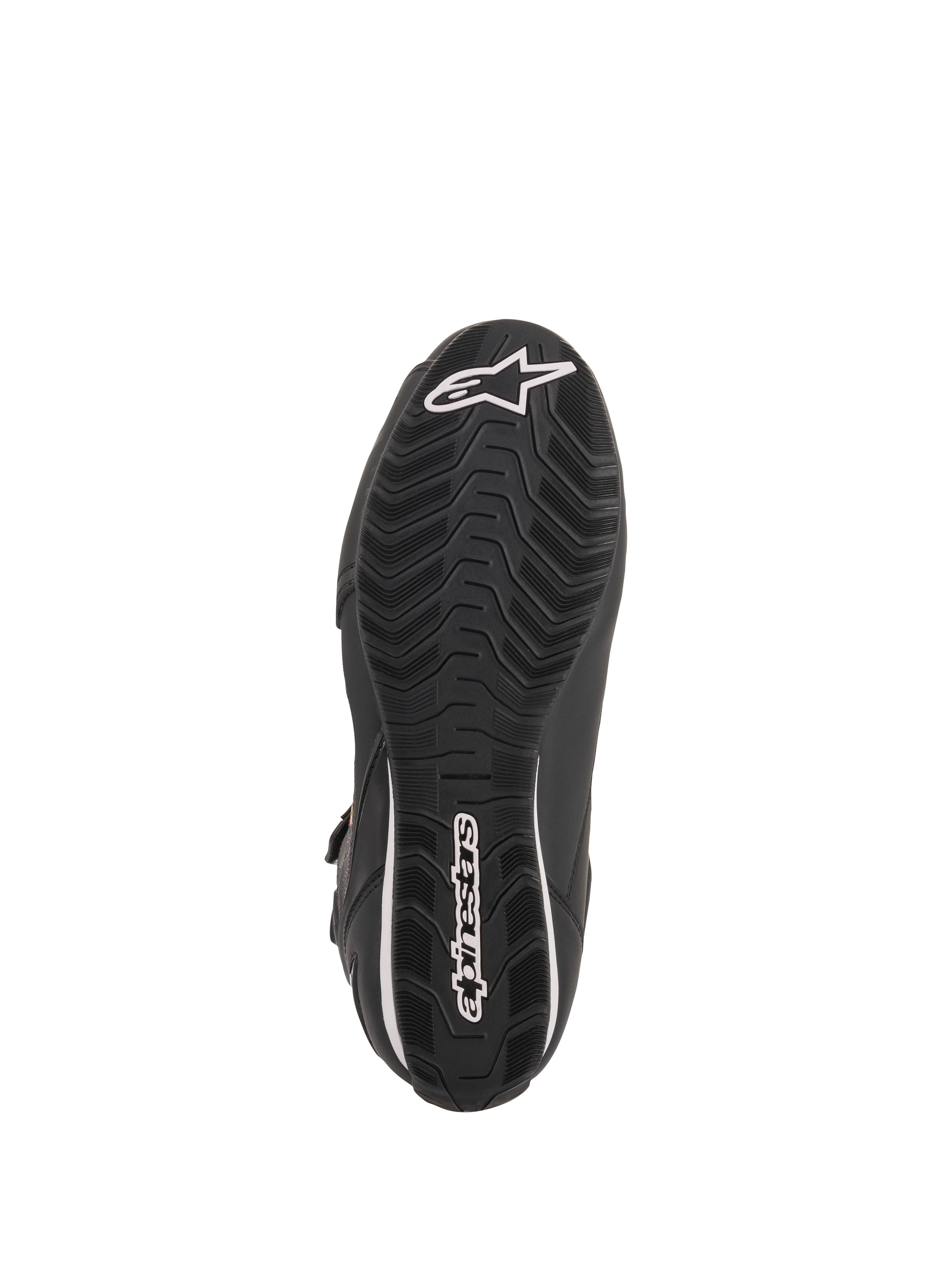 Alpinestars Women Stella Faster-3 Rideknit® Shoes, Black Yellow Pink, outsole view featuring black rubber sole with wavy textured tread, white Alpinestars logo and wordmark, durable design for motorcycle road riding