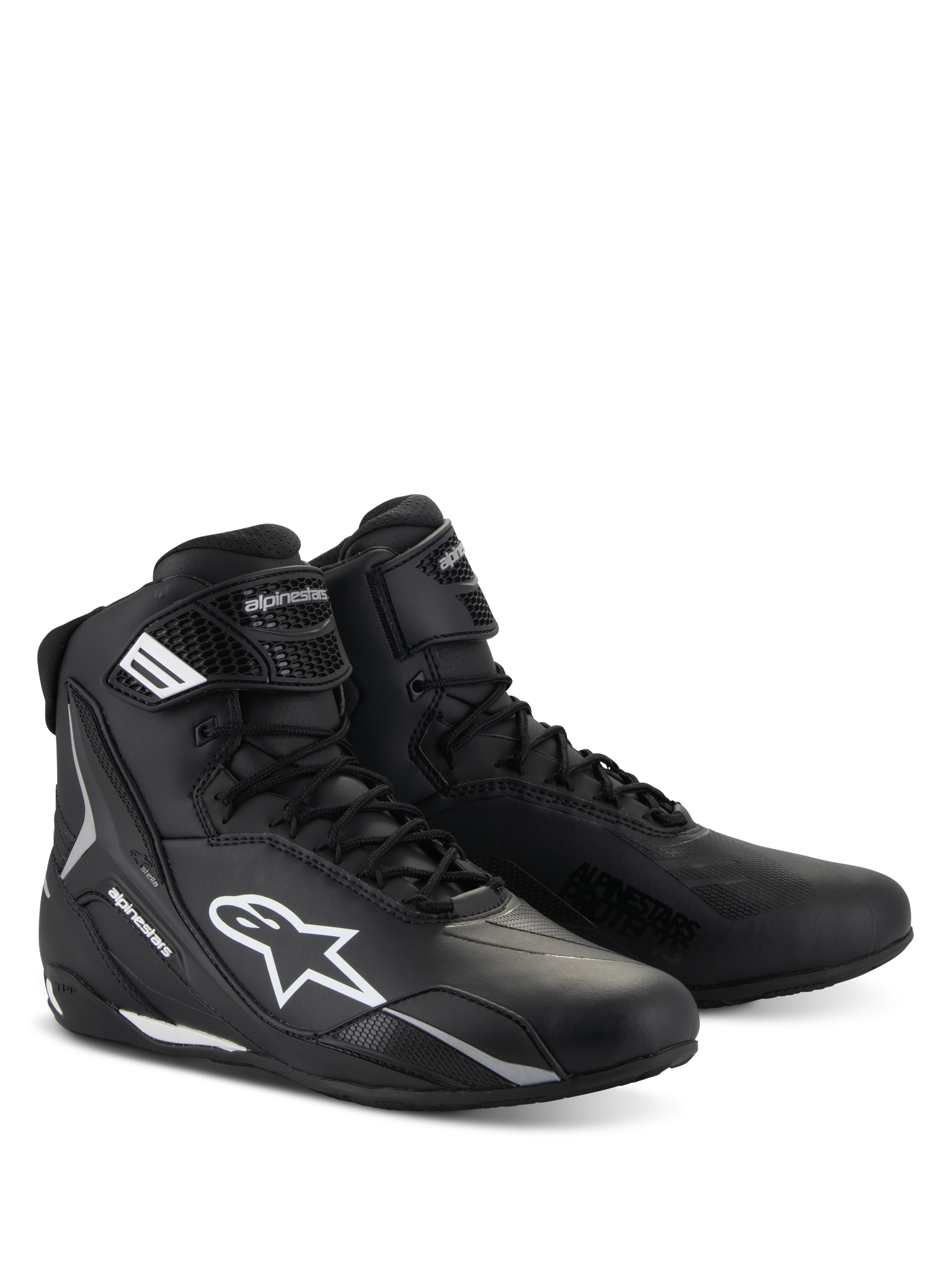 Alpinestars Stella Faster-4 Shoes, Women's Motorcycle Riding Shoes, Black with White accents, high-top sporty design with lace-up closure and hook-and-loop ankle strap, durable microfiber construction with protective side logos