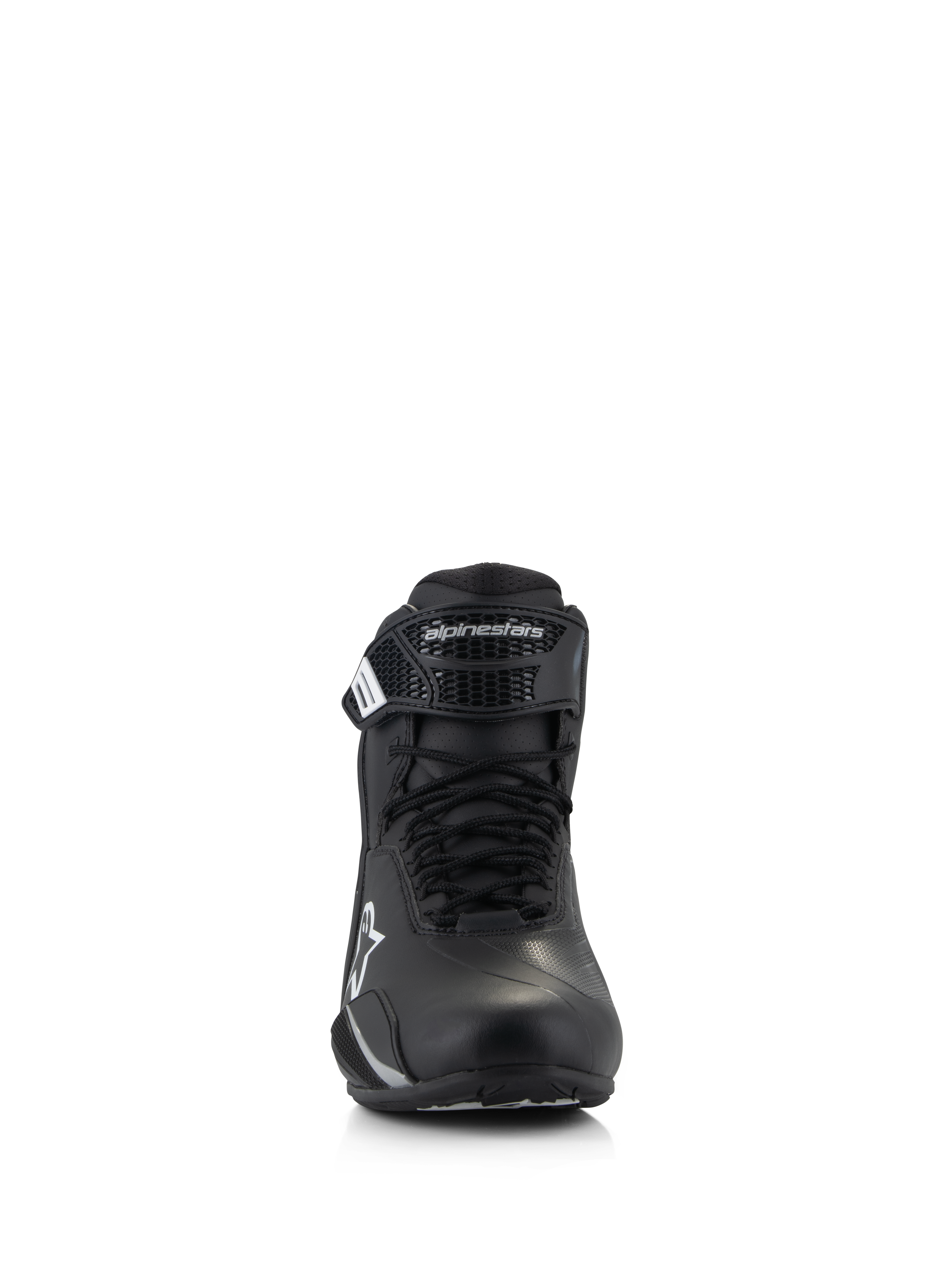 Alpinestars Stella Faster-4 Shoes, Women's Riding Shoes, Black, front view, featuring lace closure and adjustable hook-and-loop strap with Alpinestars logo, technical road riding footwear with lightweight microfiber construction