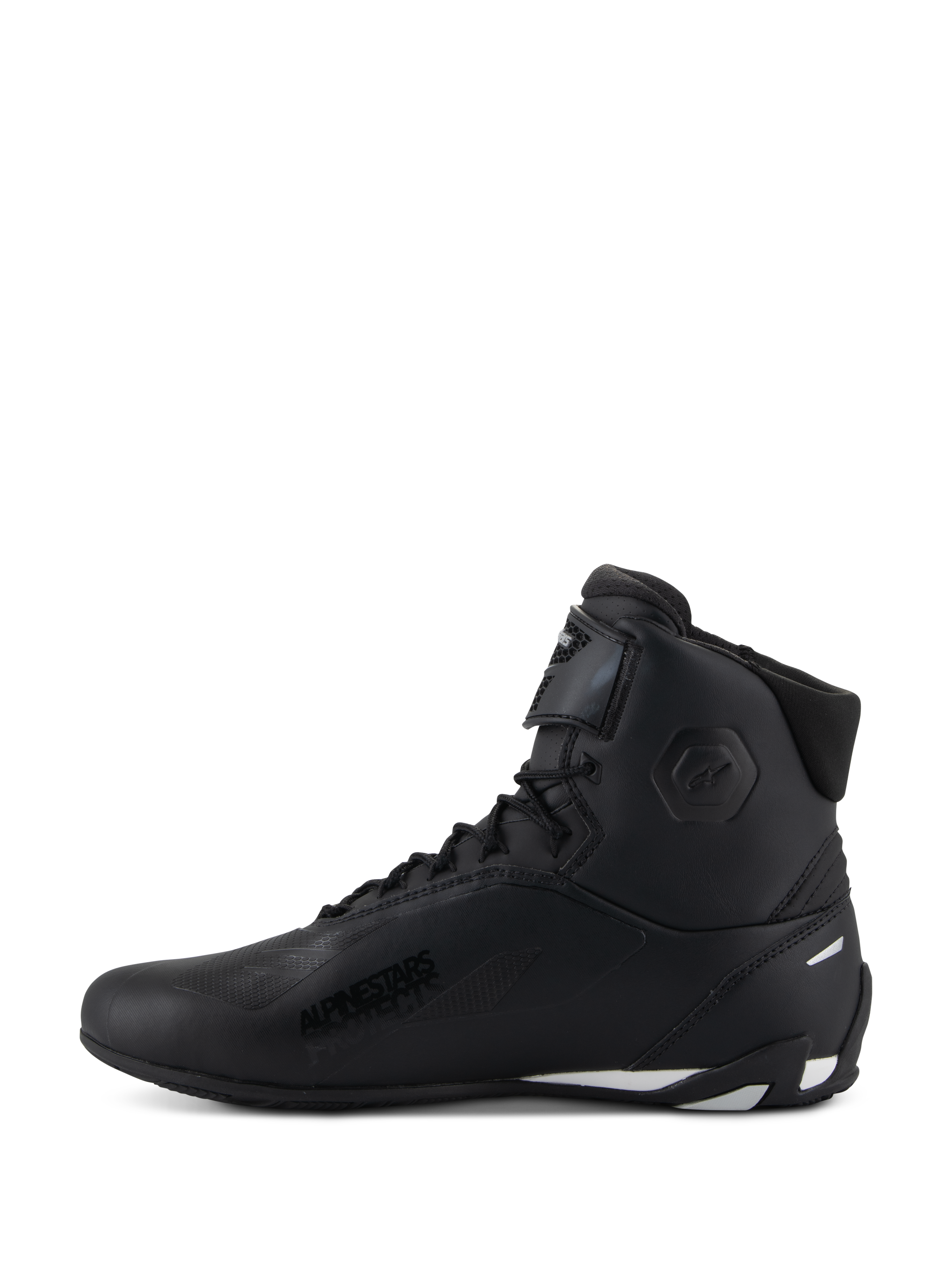 Alpinestars Stella Faster-4 Shoes, Women's Riding Shoes, Black with white accents, side profile view, high-top design featuring lace closure and adjustable ankle strap, protective motorcycle footwear