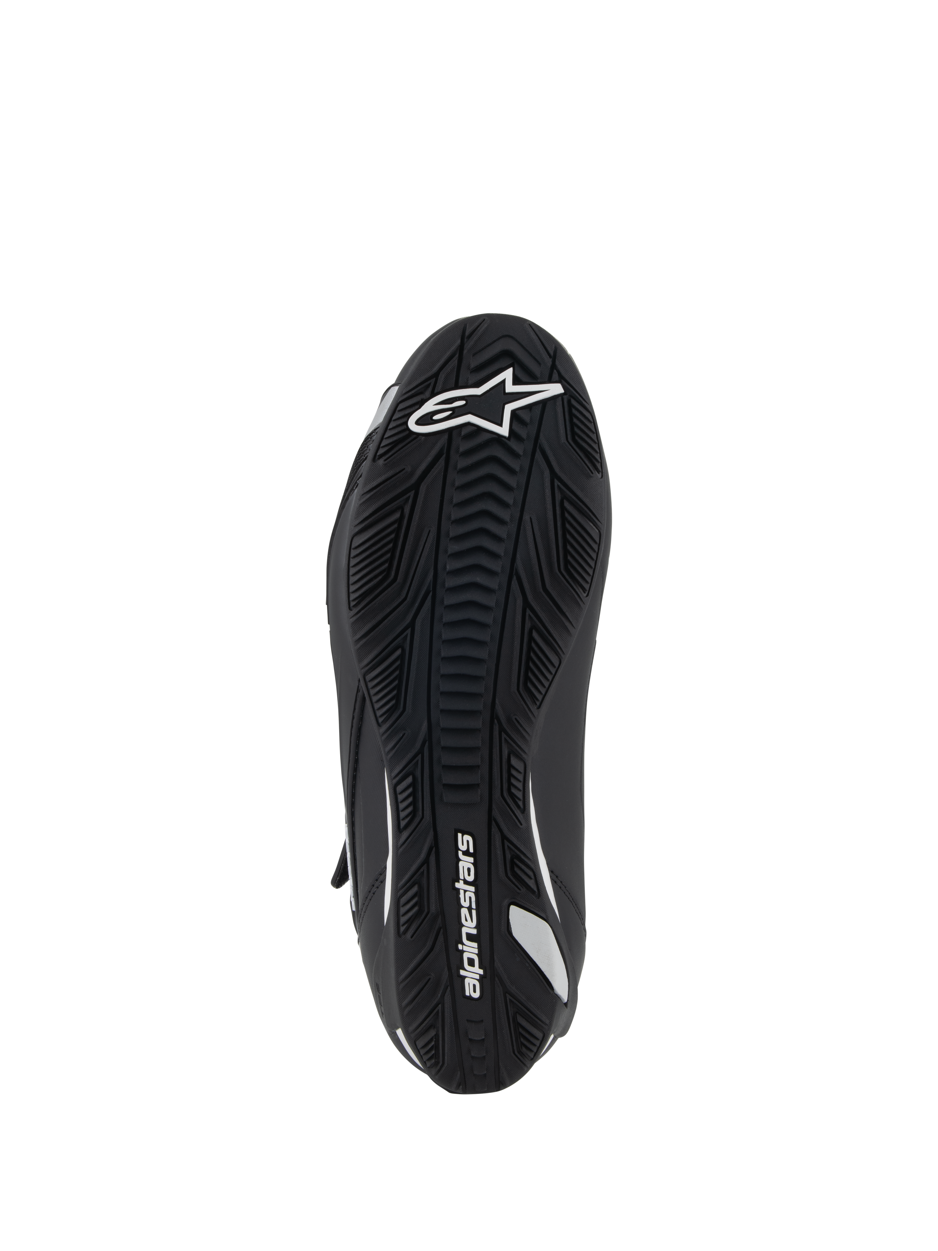 Alpinestars Stella Faster-4 Women's Riding Shoes, Bottom View, Black Rubber Sole with Textured Grip, White Alpinestars Logo and Branding, Ergonomic Design for Traction and Support