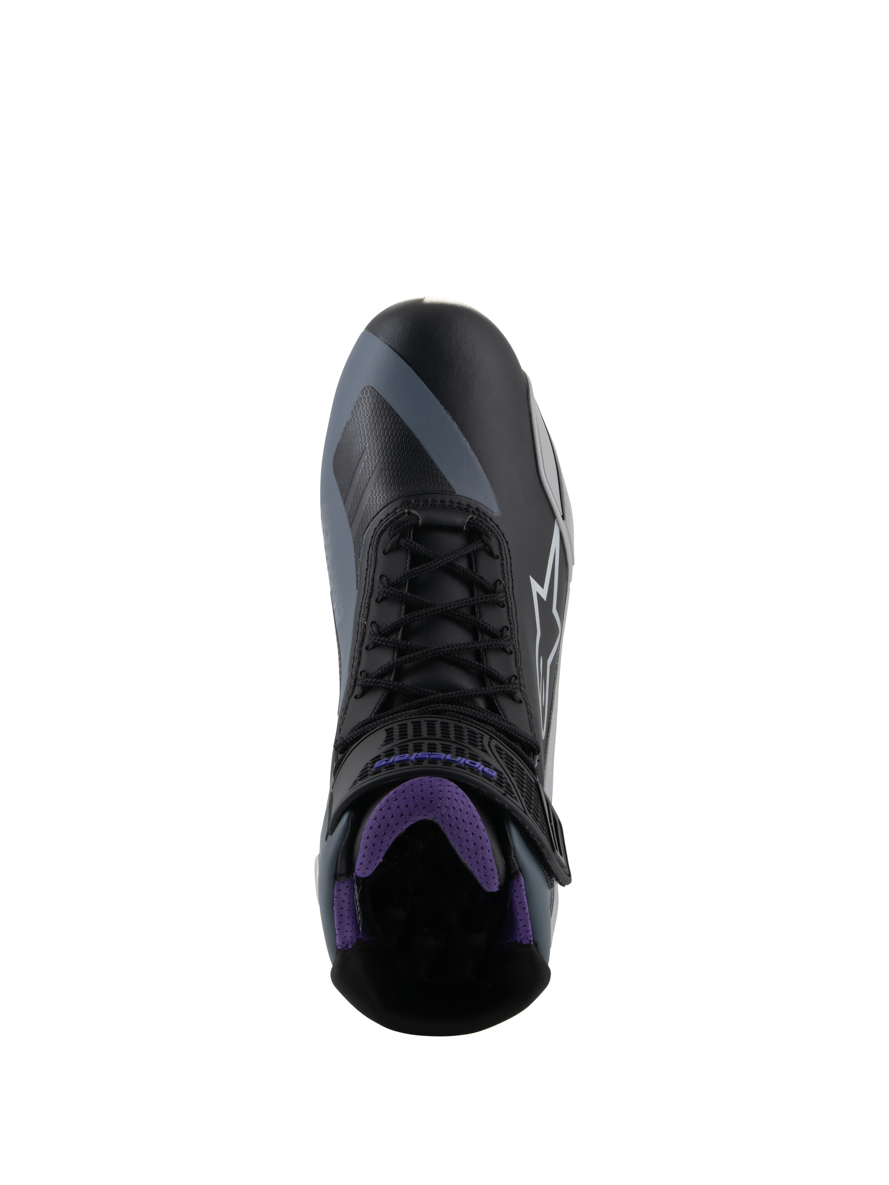 Alpinestars Stella Faster-4 Women's Riding Shoes, Black and Violet, top-down view showing laces and mesh interior.