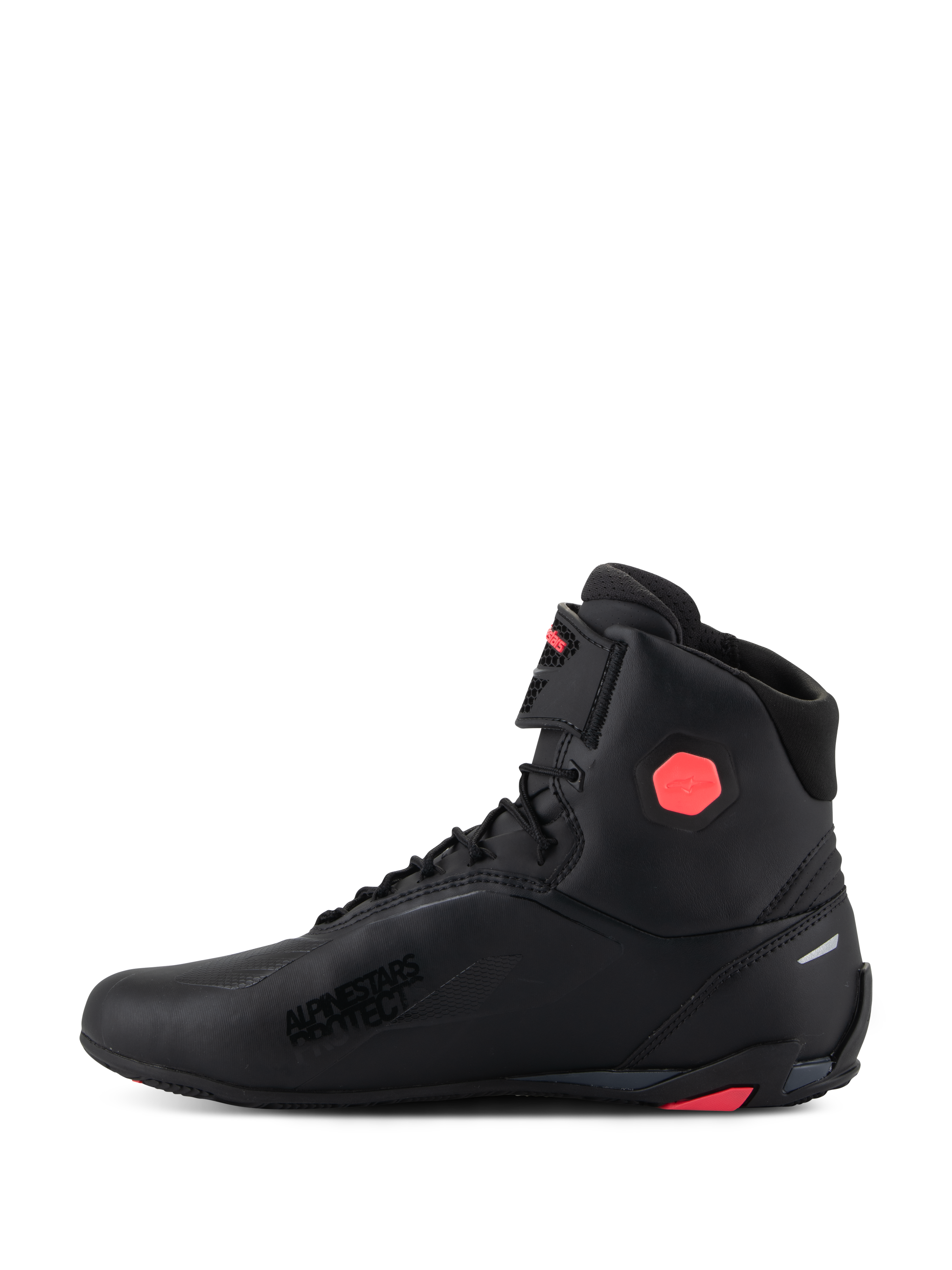Alpinestars Woman Stella Faster-4 Shoes, Motorcycle Riding Shoes, Black and Diva Pink, featuring seamless microfiber upper, pink hexagonal ankle protector, Alpinestars Protect branding, and integrated lace and strap closure system