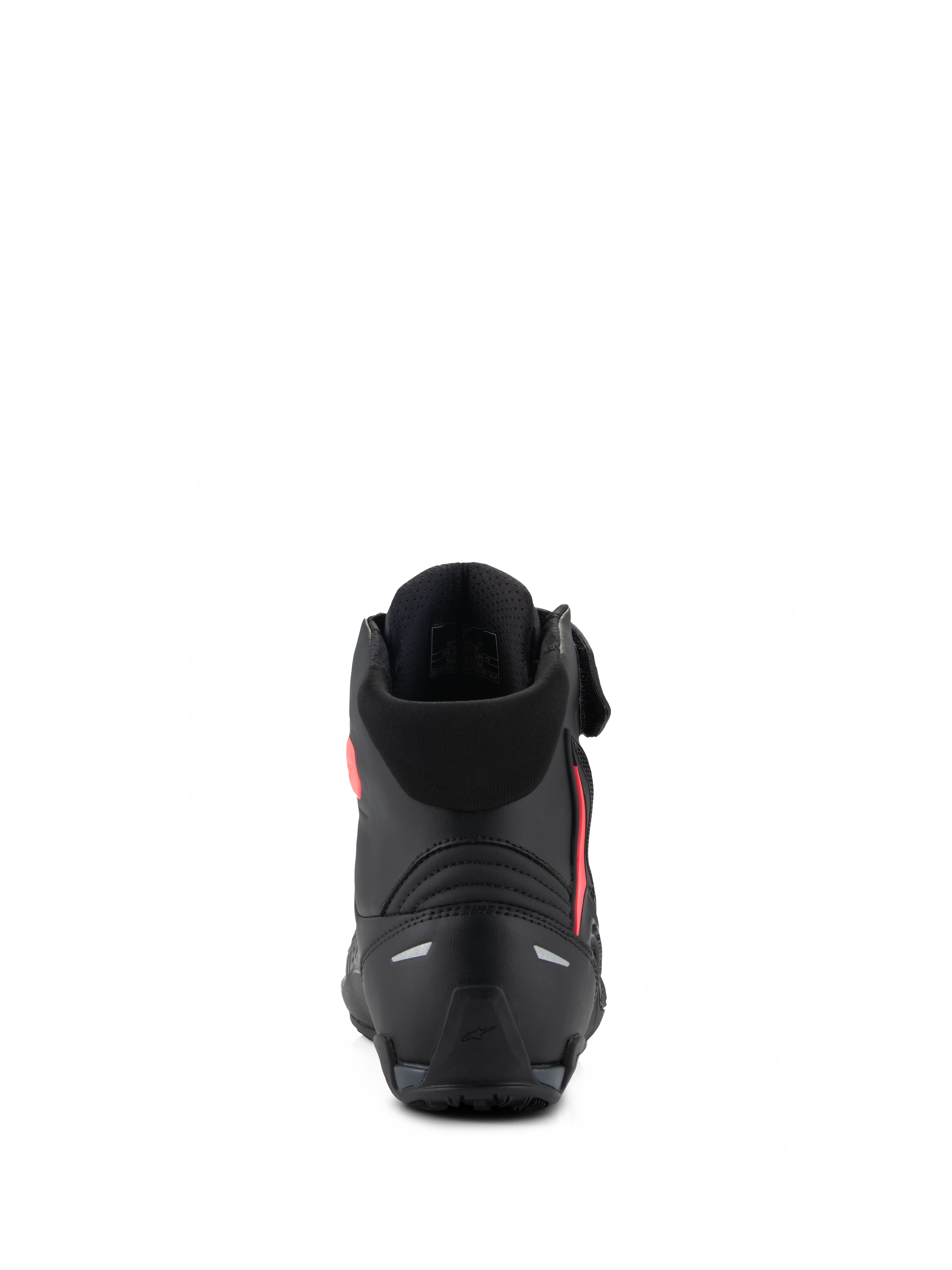 Alpinestars Woman Stella Faster-4 Shoes, Black and Diva Pink, Rear view showcasing the reinforced heel counter, soft textile collar, and sleek ergonomic design for performance motorcycle riding.