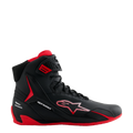 Alpinestars Honda Faster-4 Shoes, Black and Red High-Top Riding Shoe, sleek microfiber design with striped star logo, red sole and padded interior, Honda branding on the heel, performance motorsport footwear