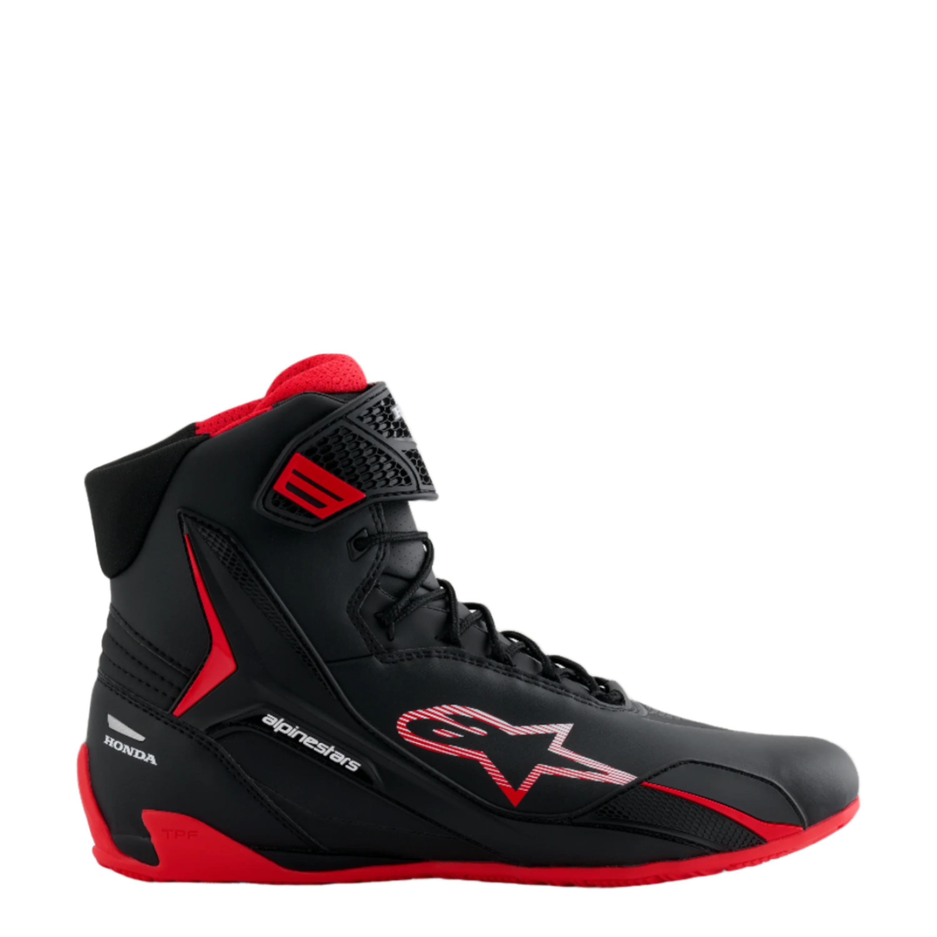 Alpinestars Honda Faster-4 Shoes, Black and Red High-Top Riding Shoe, sleek microfiber design with striped star logo, red sole and padded interior, Honda branding on the heel, performance motorsport footwear