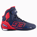 Alpinestars Austin Riding Shoe, high-top motorcycle sneaker, Night Navy and Bright Red, featuring MM93 number 93 graphic, lace-up closure with Velcro strap, sporty racing-inspired design with microfiber construction