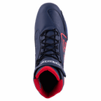 Alpinestars Austin Riding Shoe, Night Navy and Bright Red, top-down view showing black laces, red mesh interior lining, and navy blue microfiber chassis with red logo accents