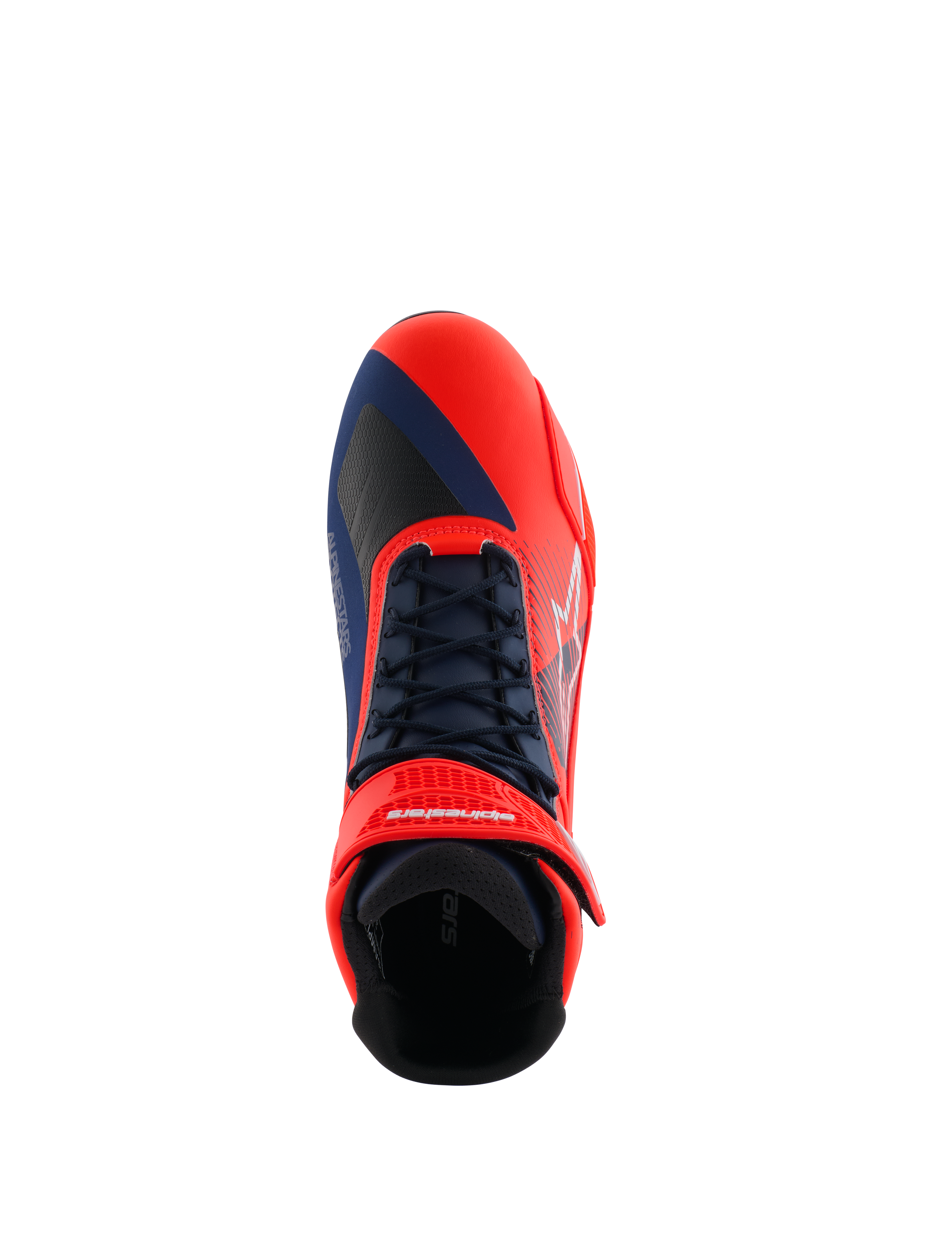 Alpinestars MM93 Faster-4 Shoes, Motorcycle Riding Shoes, Red Fluo and Dark Blue, top-down view featuring traditional lace system and hook-and-loop ankle strap, asymmetric toe design for gear shift protection, vibrant performance footwear for road riding