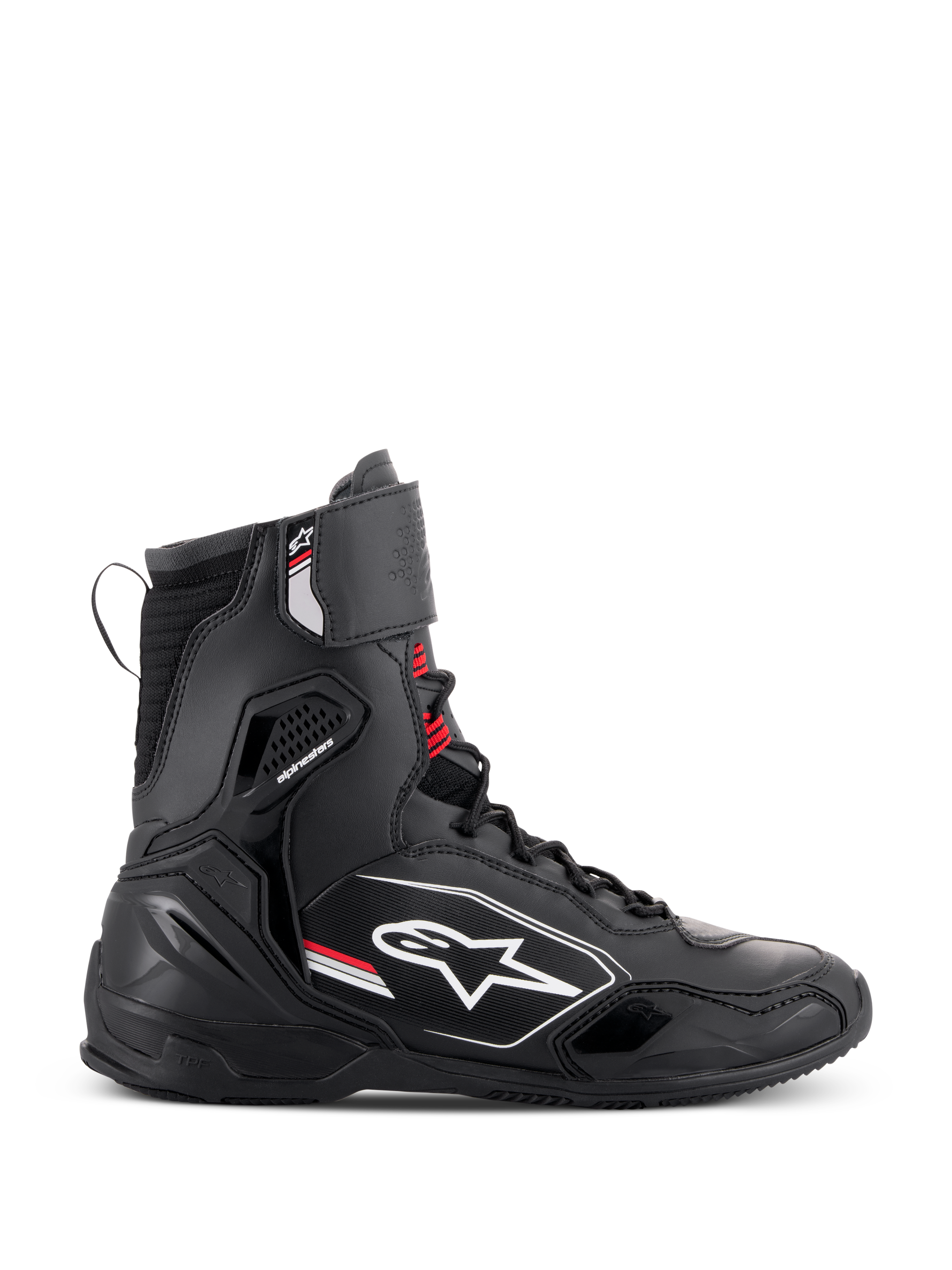 Alpinestars Superfaster Shoes, high-cut motorcycle riding shoes, Black Gray and Bright Red, side profile view featuring the white Alpinestars logo, reinforced ankle and heel protection, lace-up system with a top strap.
