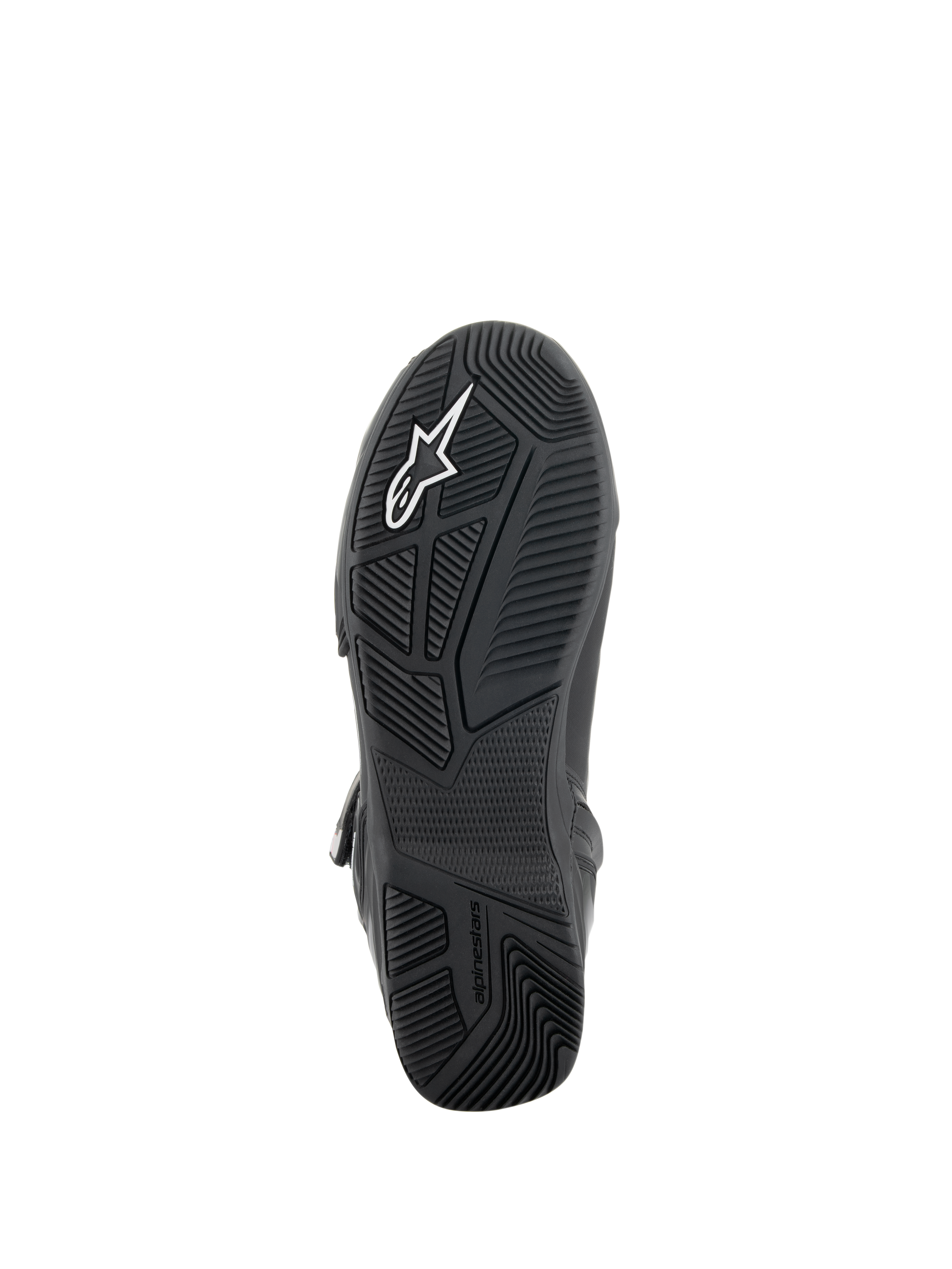 Alpinestars Superfaster Shoes, Black/Gray/Bright Red, bottom view of the black rubber sole featuring an engineered tread pattern for grip, TPF protection frame integration, and white Alpinestars logo.