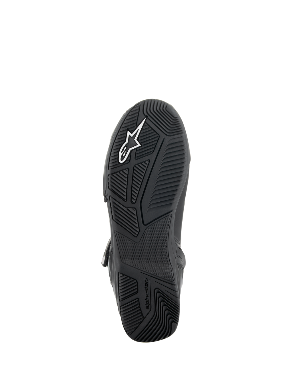 Alpinestars Superfaster Shoes, Bottom view of the sole, Black rubber outsole with engineered multi-directional grip patterns, featuring white Alpinestars logo and embossed branding, technical footwear design for motorcycle riding