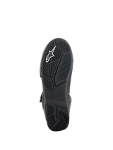 Alpinestars Superfaster Shoes, Bottom view of the sole, Black rubber outsole with engineered multi-directional grip patterns, featuring white Alpinestars logo and embossed branding, technical footwear design for motorcycle riding
