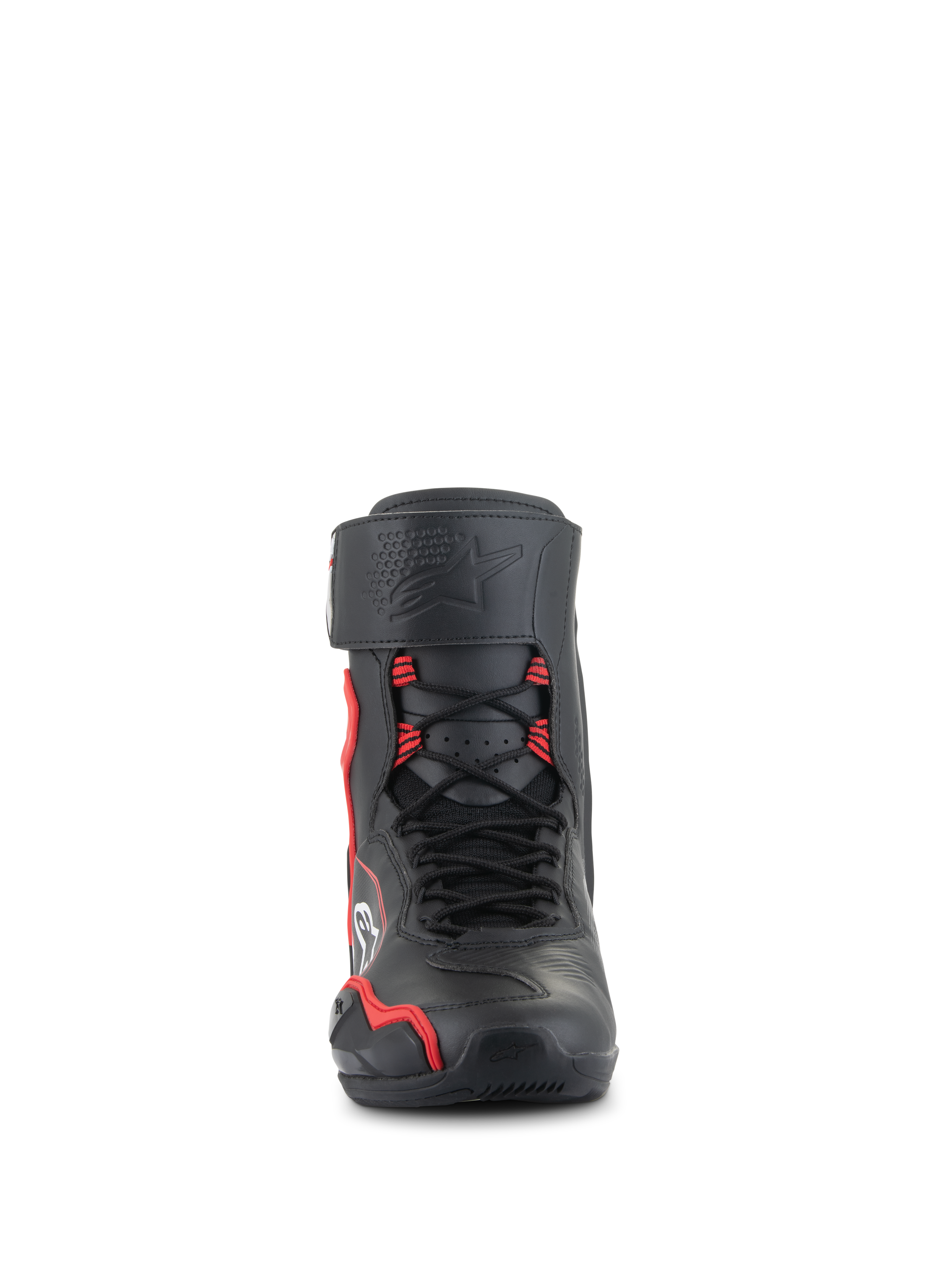 Alpinestars Superfaster Shoes, high-cut motorcycle riding shoes, black with bright red and white accents, front view featuring speed lace system, protective shin strap with debossed star logo, and reinforced toe area.