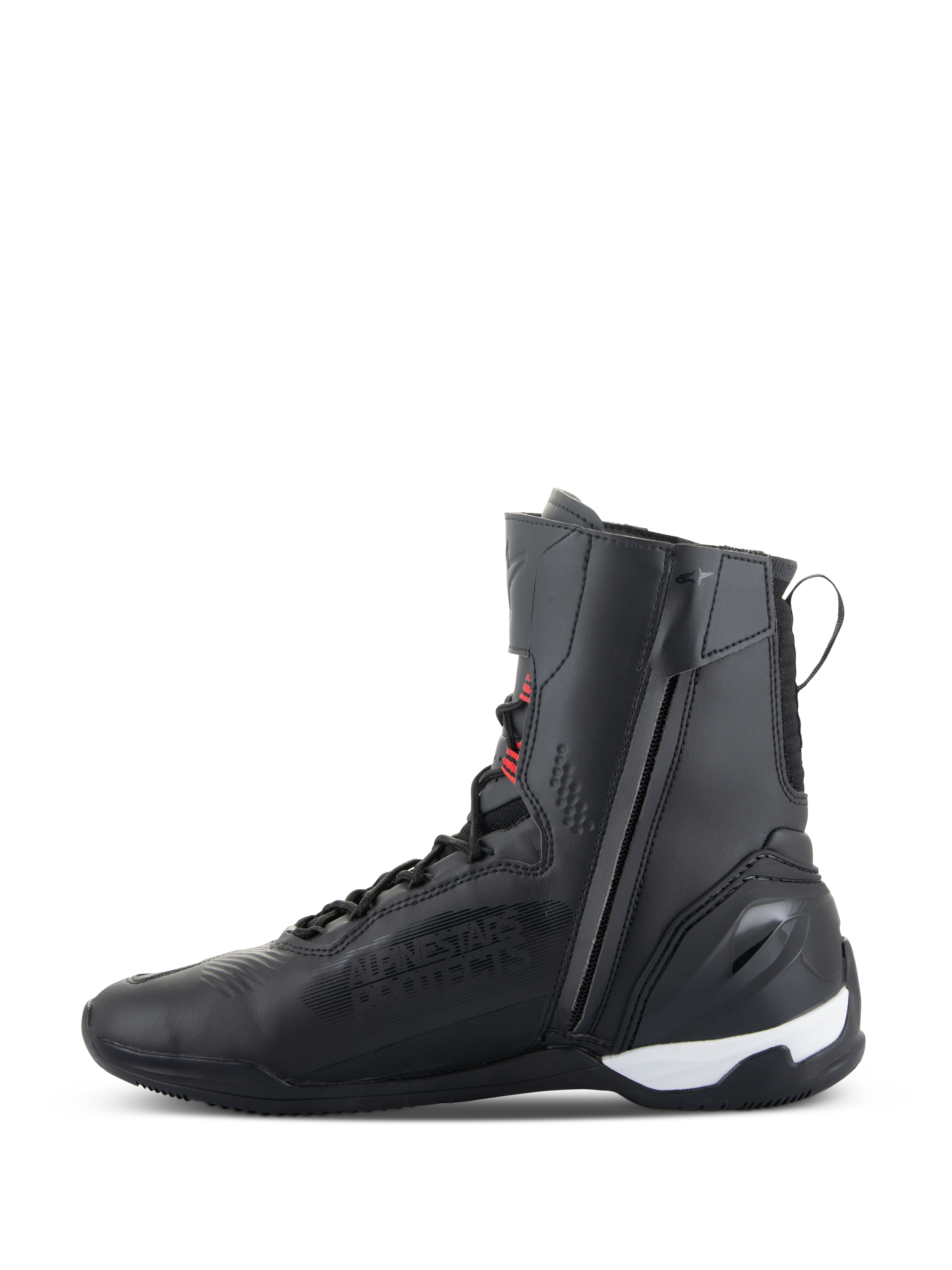 Alpinestars Superfaster Shoes, high-top motorcycle riding shoes, Black with Bright Red and White accents, featuring a medial side zipper, speed lace system, and reinforced TPU heel counter, sleek athletic design for road and sport riding