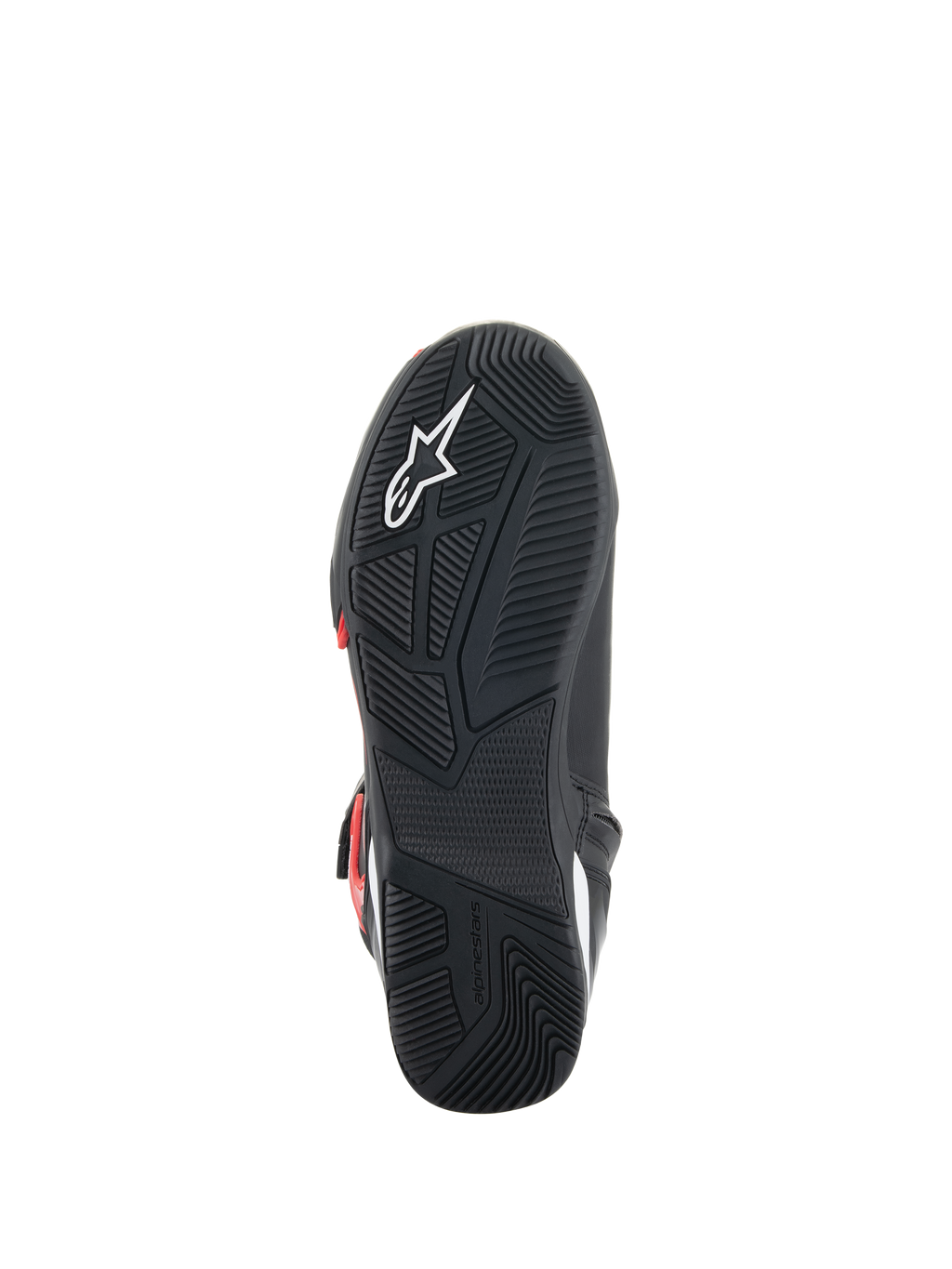 Alpinestars Superfaster Shoes, sole view, black rubber outsole with engineered grip pattern, featuring white Astars logo and embossed Alpinestars branding, designed for motorcycle riding and walking comfort