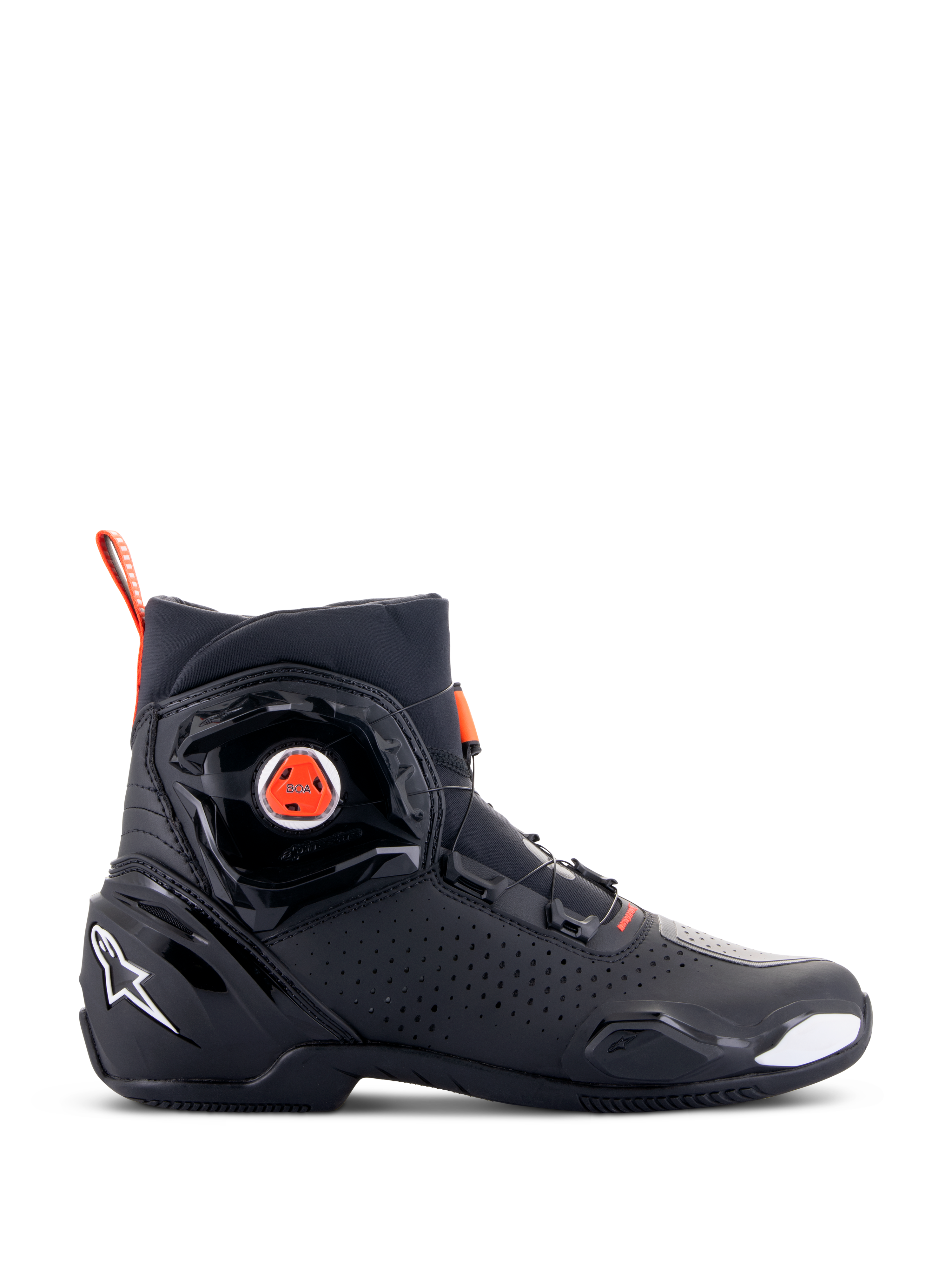 Alpinestars SP-2 Riding Shoes, Sport Motorcycle Footwear, Black with Red Fluo accents, side view featuring BOA speed closure system, perforated microfiber panels for airflow, white Alpinestars logo on the heel, and a sleek modern design with matte and glossy finishes