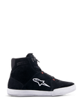 Alpinestars Chrome Shoes, Urban Riding Shoes, Black and White with Red Fluo accents, side profile featuring split suede construction, large white A-star logo, white rubber cup sole, and casual sneaker-inspired silhouette for motorcycle commuting
