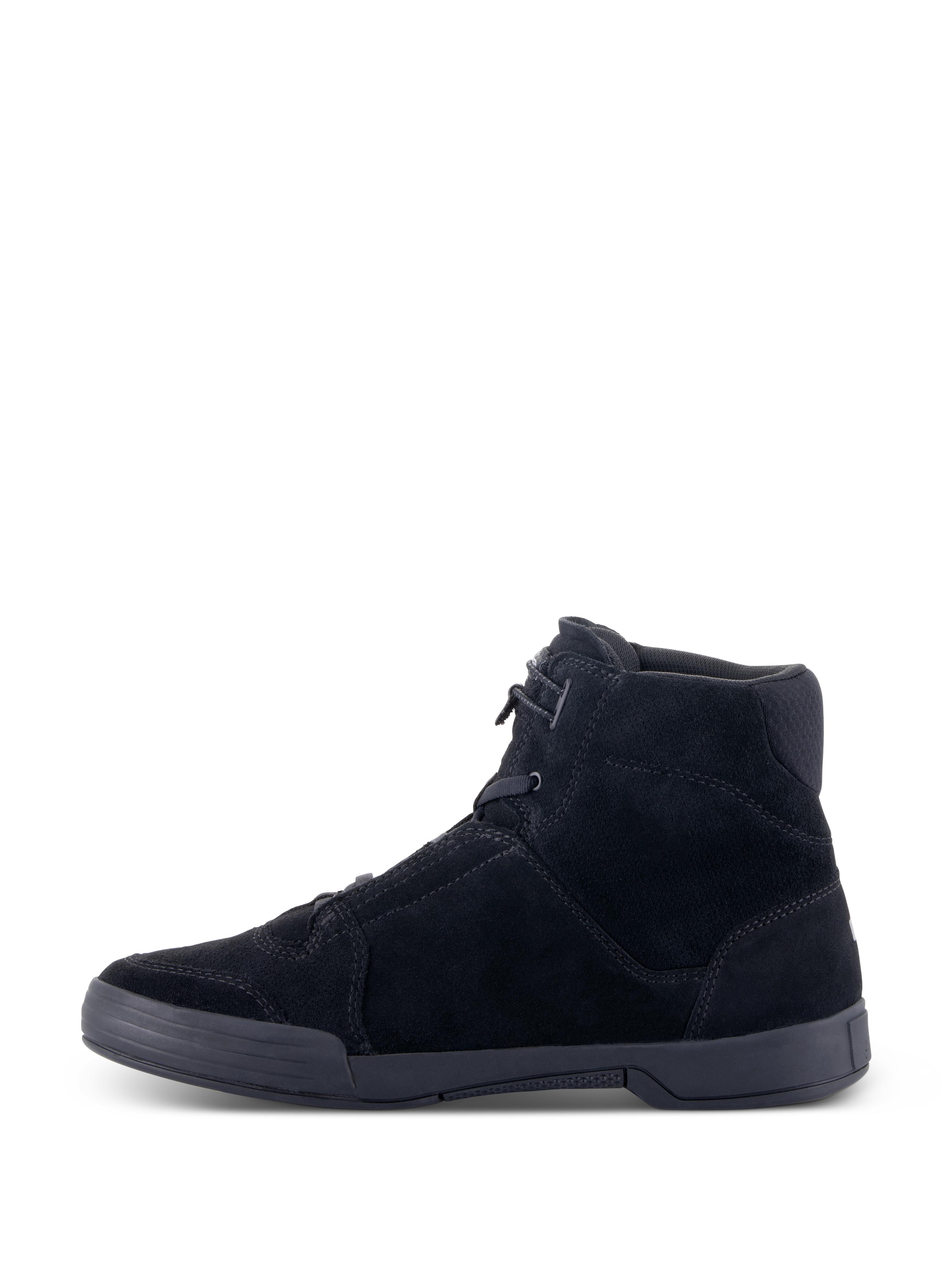 Alpinestars Chrome Shoes, Urban Motorcycle Riding Shoes, Black Black, side profile view showing split suede upper and flat rubber cup sole, high-top silhouette with casual streetwear styling.